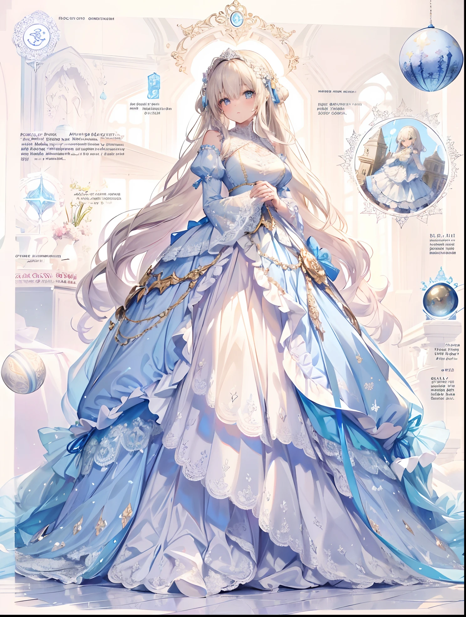 ((One girl)), Ultra-realistic photo of a girl in a majestic light blue and gold ball gown dress, Big beautiful dress, Complex puffy ball gown with lots of frills and rhinestones (Best Quality, masutepiece, ((Lace sleeves:1.2))。 art  stations, Fantasy Art:1.2), Palace rooms, Beautiful cute girl, (White long hair:1.2), (Complex short gold skirt, Bare legs:1.2, Full body shot)