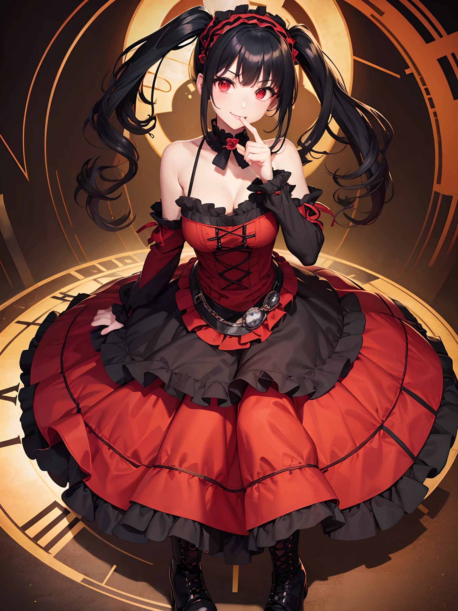 1girl, bare shoulders, black hair, boots, breasts, clock eyes, cross-laced footwear, detached sleeves, dress, finger to mouth, frilled dress, frills, full body, gothic lolita, hairband, heterochromia, index finger raised, knee boots, lace-up boots, lolita fashion, lolita hairband, long hair, looking at viewer, platform boots, red dress, red eyes, smile, solo, symbol-shaped pupils, tokisaki kurumi, twintails, uneven twintails, yellow eyes