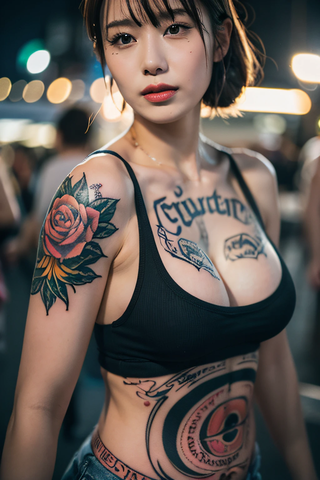 Top quality, one beautiful woman, tank top, big breast, many tattoos, full body, 35mm lens, f/1, night market, Taiwan