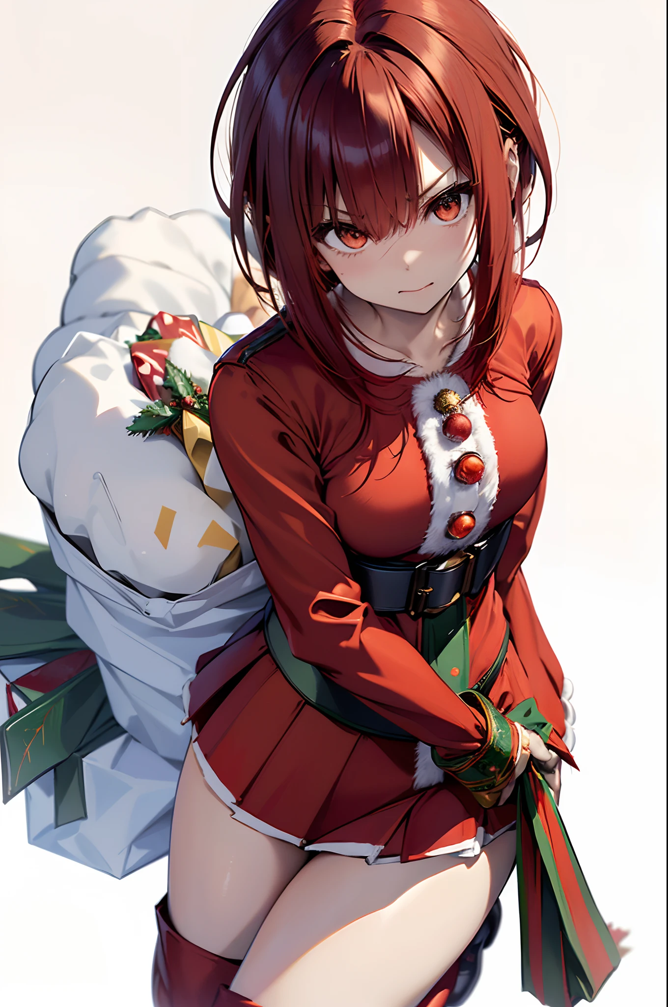(Best Quality, 8K, Oil Painting, masutepiece:1.2), Ultra-detailed, (Realistic, Photorealistic:1.37), (((full body Esbian)))、Vibrant colors, Studio Lighting, (((white backgrounid)))、Shoulder-length bob hair, (((Santa Claus Costume)))、(((Red Santa Clothes))) 、(((a miniskirt)))、((angry expressions))、(((Arms folded in front of the chest)))、(((Slender Adult Woman)))、(((Red hair)))、(((bobhair)))、(((Red hair)))、(((with a pure white background)))、(((There is a margin at the top of the head)))、(((There are margins on the left and right)))、(((There is a margin above the image)))、(((a 20 yo woman)))