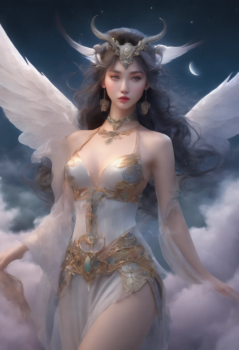 ((Need)), ((tmasterpiece)), (A detailed), Enchanting succubus, Ethereal beauty, Perched in clouds, (fantasy illustrations:1.3),captivating posture, delicate wings, otherworldly charm, (Luis Royo:1.2), (Yoshitaka Amano:1.1), Moon Night, pastelcolor, (Detailed cloud view:1.3)