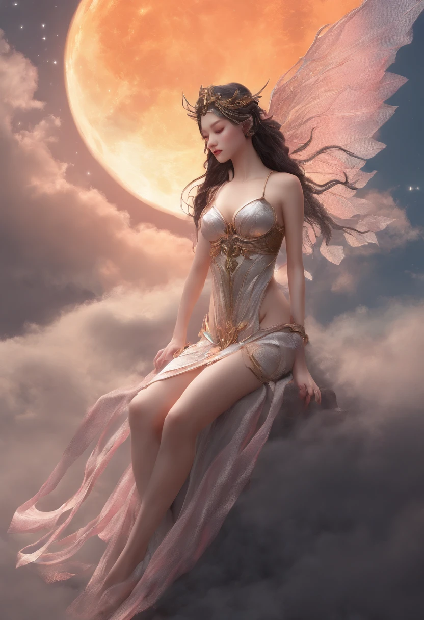 ((Need)), ((tmasterpiece)), (A detailed), Enchanting succubus, Ethereal beauty, Perched in clouds, (fantasy illustrations:1.3),captivating posture, delicate wings, otherworldly charm, (Luis Royo:1.2), (Yoshitaka Amano:1.1), Moon Night, pastelcolor, (Detailed cloud view:1.3)