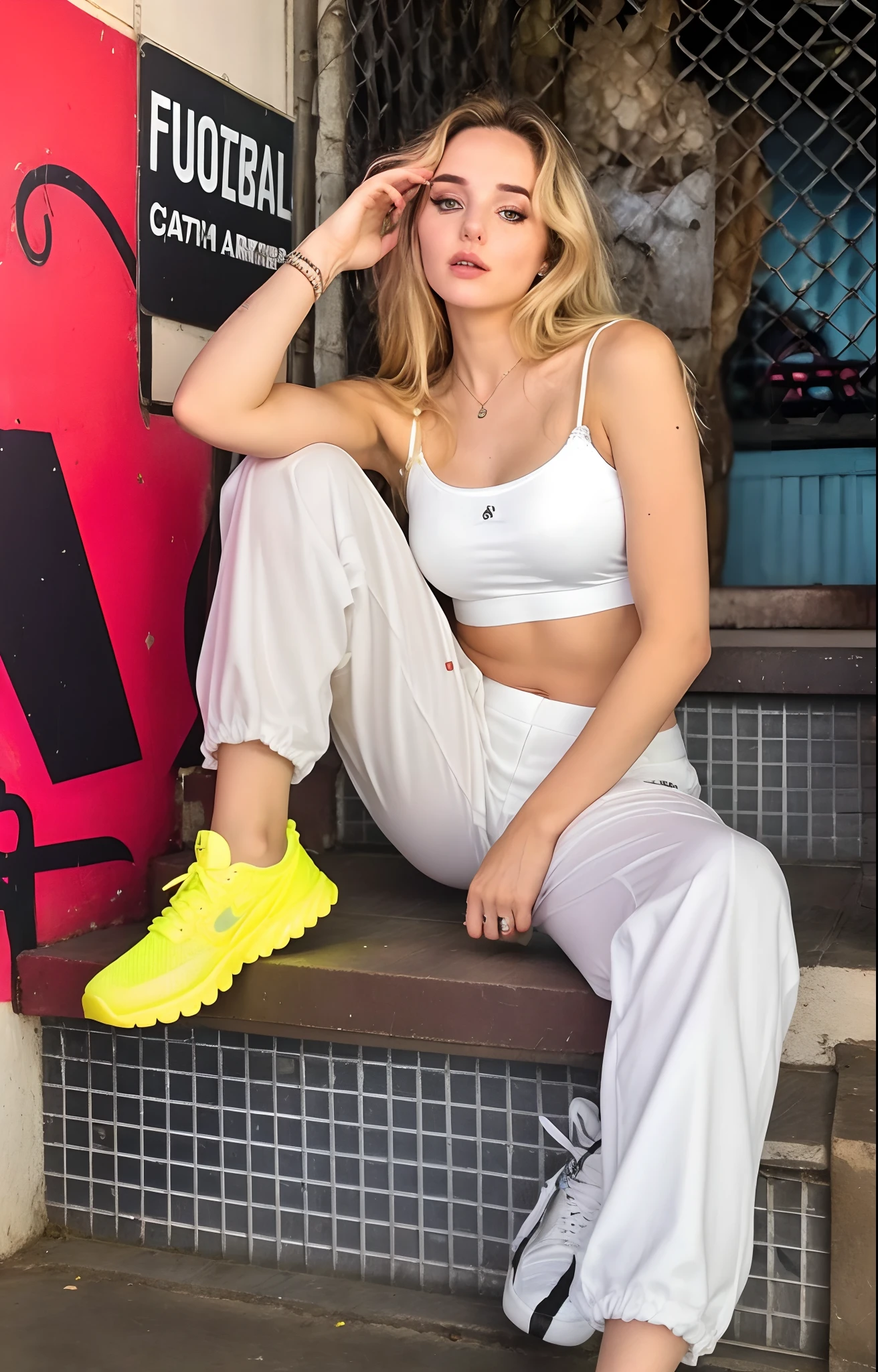 mulher arafed sentada em um conjunto de escadas com um sapato amarelo neon, focus on sneakers only, Estilo de Julia Razumova, neon vibes, 🤬 🤮 💕 🎀, Taran Dasha, not cropped, estilo neon, vestindo um pescador 🧥, 😭 🤮 💕 🎀, Angelina Stroganova, tomada em 2 0 2 0