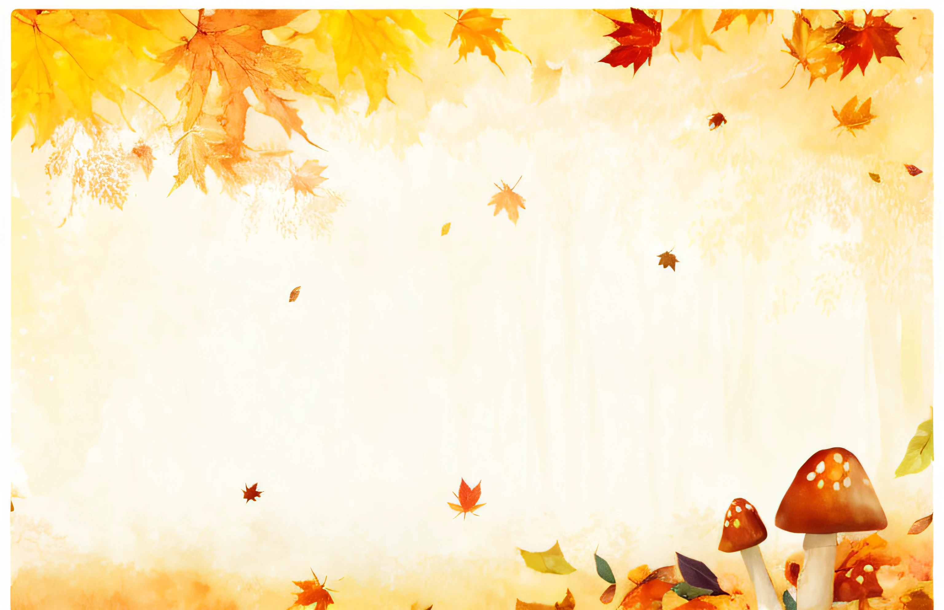 There is a painting of mushrooms and leaves, Autumn background, autumn leaves background, fairy tale style background, hand painted cartoon art style, Watercolor illustration style, Autumn leaves fall, beautiful high resolution, Chinese watercolor style, Anime background art, golden leaves at frame border, Autumn, Autumn leaves, wind blowing leaves, flat vector art background