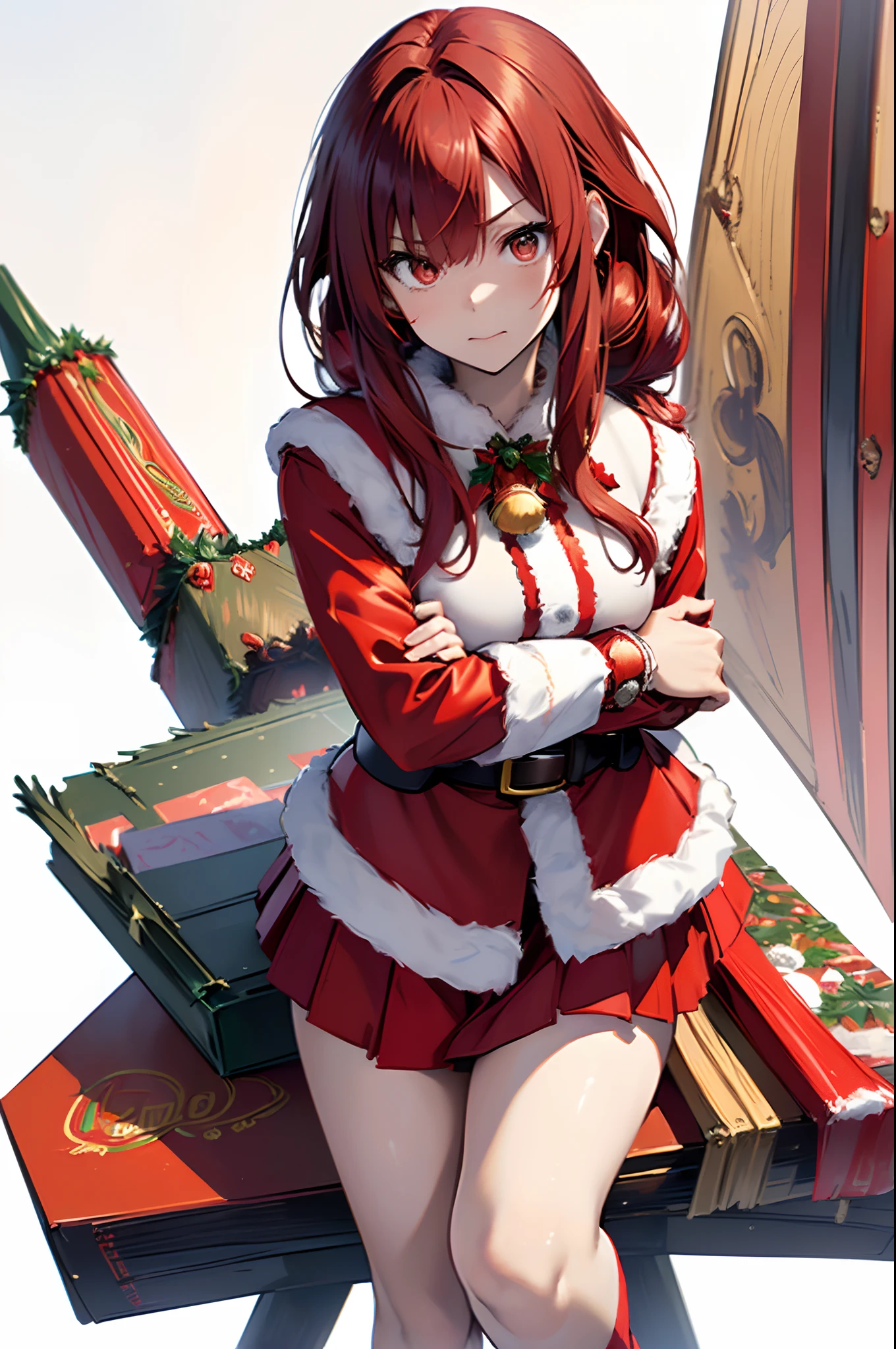 (Best Quality, 8K, Oil Painting, masutepiece:1.2), Ultra-detailed, (Realistic, Photorealistic:1.37), (((full body Esbian)))、Vibrant colors, Studio Lighting, (((white backgrounid)))、Shoulder-length bob hair, (((Santa Claus Costume)))、(((Red Santa Clothes))) 、(((a miniskirt)))、((angry expressions))、(((Arms folded in front of the chest)))、(((Slender Adult Woman)))、(((Red hair)))、(((bobhair)))、(((Red hair)))、(((with a pure white background)))、(((There is a margin at the top of the head)))、(((There is margin on the left and right sides)))、(((There is a margin above the image)))、(((One 20-year-old woman)))