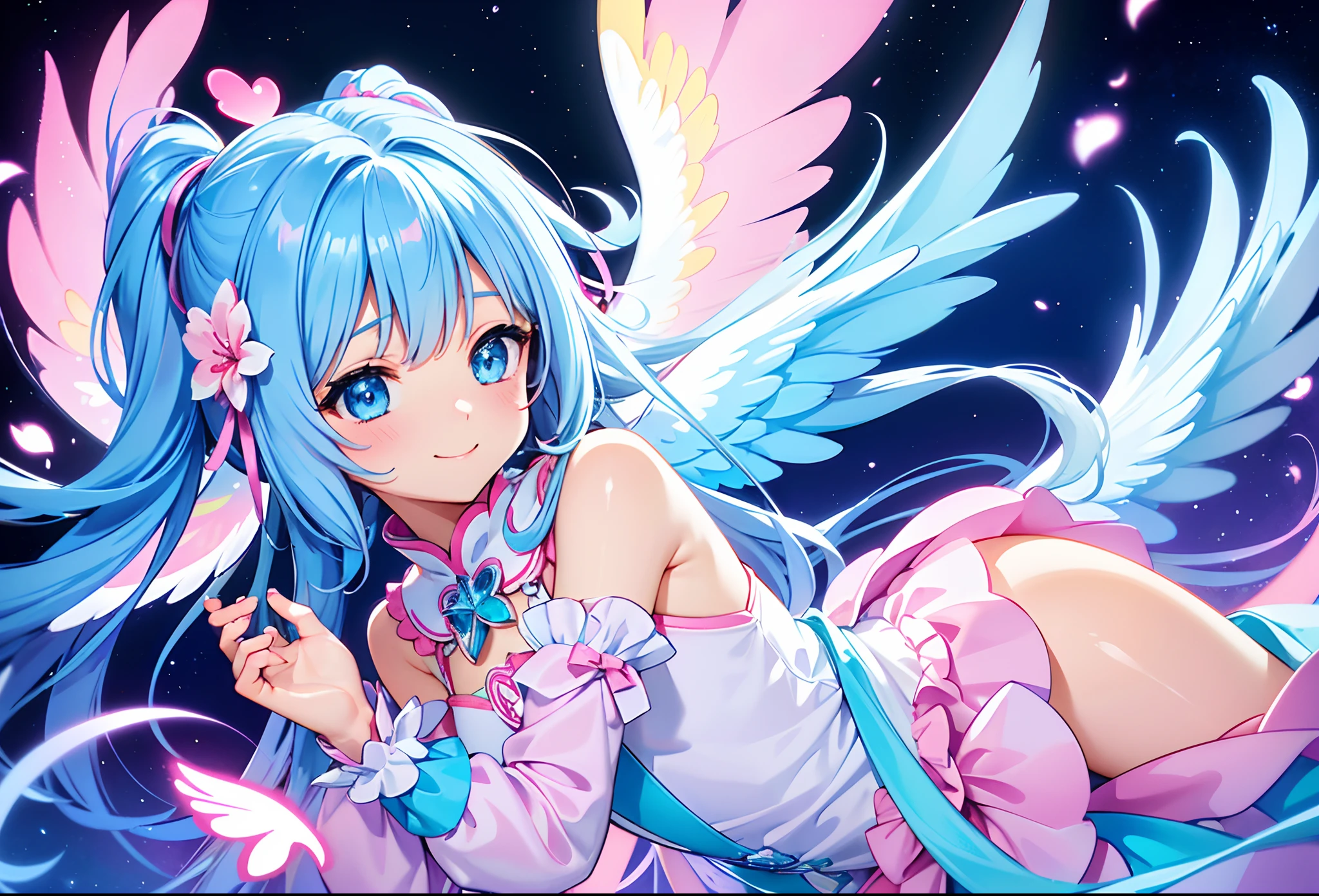 Colorful glowing angel wings、Kawaii Girl、adorable smiling、Light blue long hair、Twin-tailed、Colorful angel costume、Pink and white costume ((top-quality))、((masterpiece))、(ighly detailed、highestdetailed、Official art、Beautifully Aesthetic:1.2)