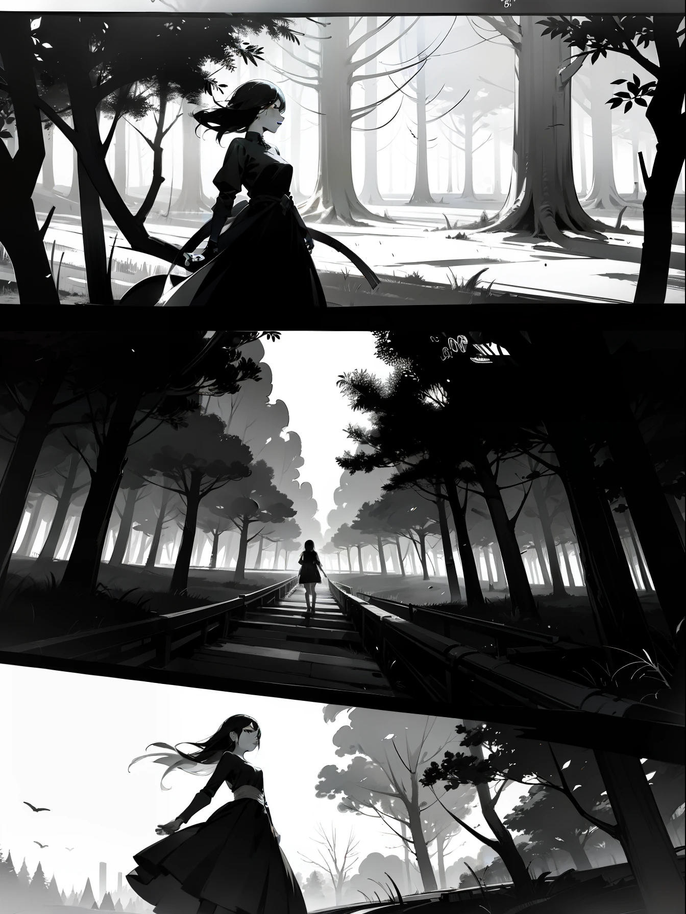 Black and white comics, monochrome mode, segmentation, comics page, dialog bubble box, Comic grid segmentation
An 18-year-old girl with black hair and a black dress, forest
She stepped on dead leaves under her feet,The voice echoed in the silence。