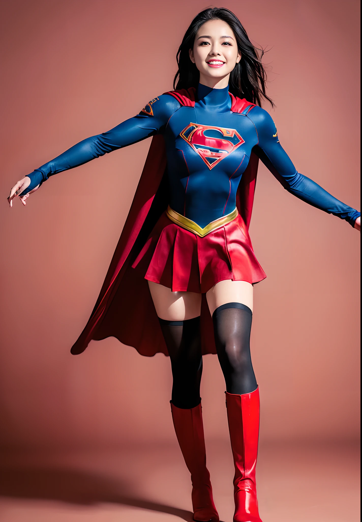 (((Wear black tights on your beautiful legs.)))、(((Grow legs、tall、beauty legs)))、(((facial expression of smile)))、((((Make the most of the original image)))、(((Supergirl Costume)))、(((beautiful hairl)))、(((Suffering)))、(((Feet must necessarily be worn with black tights)))、(((You need to wear red boots)))、((Top image quality、8K))、((top-quality、8K、masterpiece:1.3))、(((Keep your background simple)))、Crisp focus:1.2、Beautiful woman with perfect body shape:1.4、Slender Abs:1.2、a wet body:1.5、Highly detailed facial and skin texture、8K