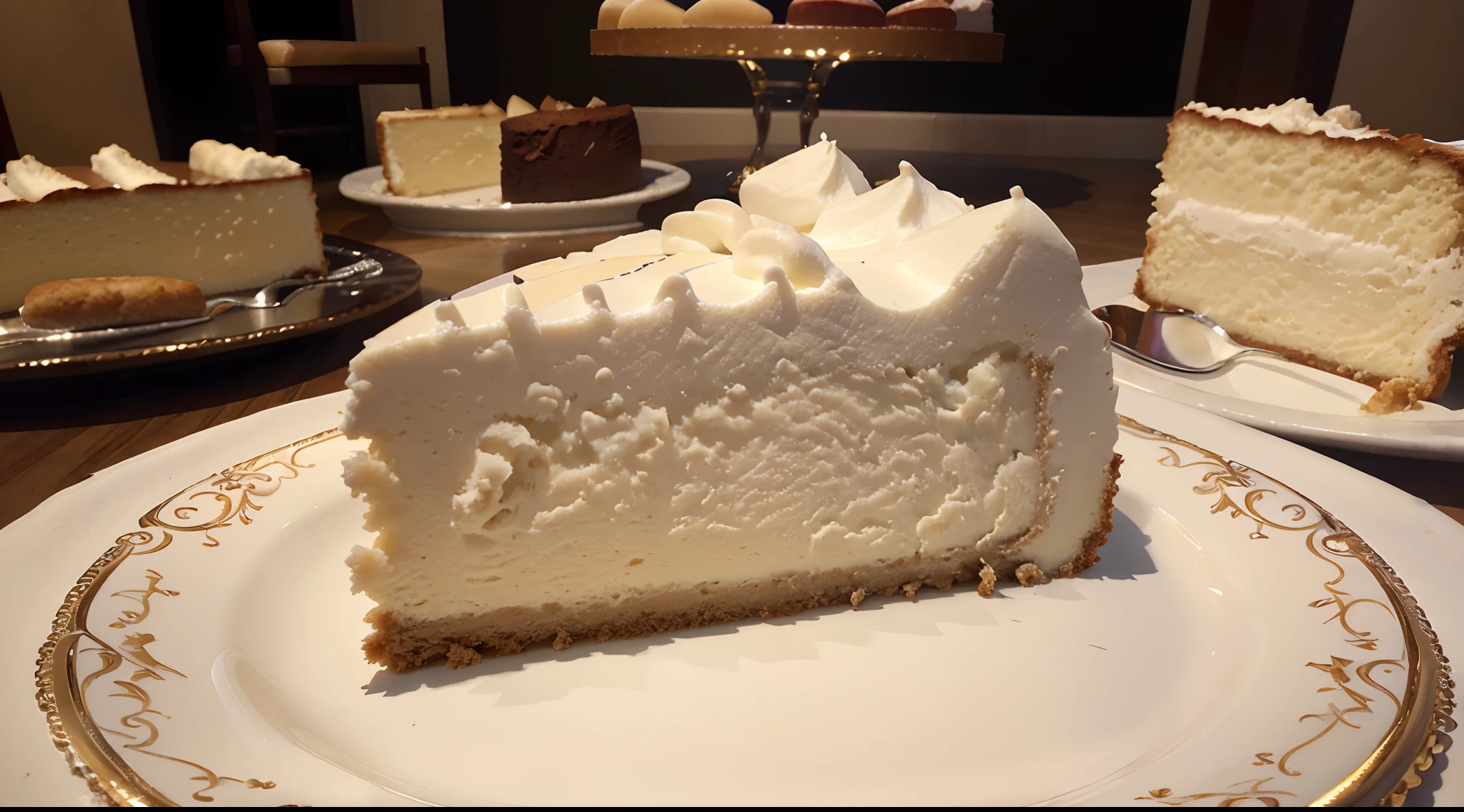 (best quality,4k,highres,masterpiece:1.2),ultra-detailed,(realistic,photorealistic,photo-realistic:1.37), a slice of cheesecake on a plate, at a cheesecake bakery with elaborate details in the background, award winning food photography, studio lighting, excellent composition, 8k