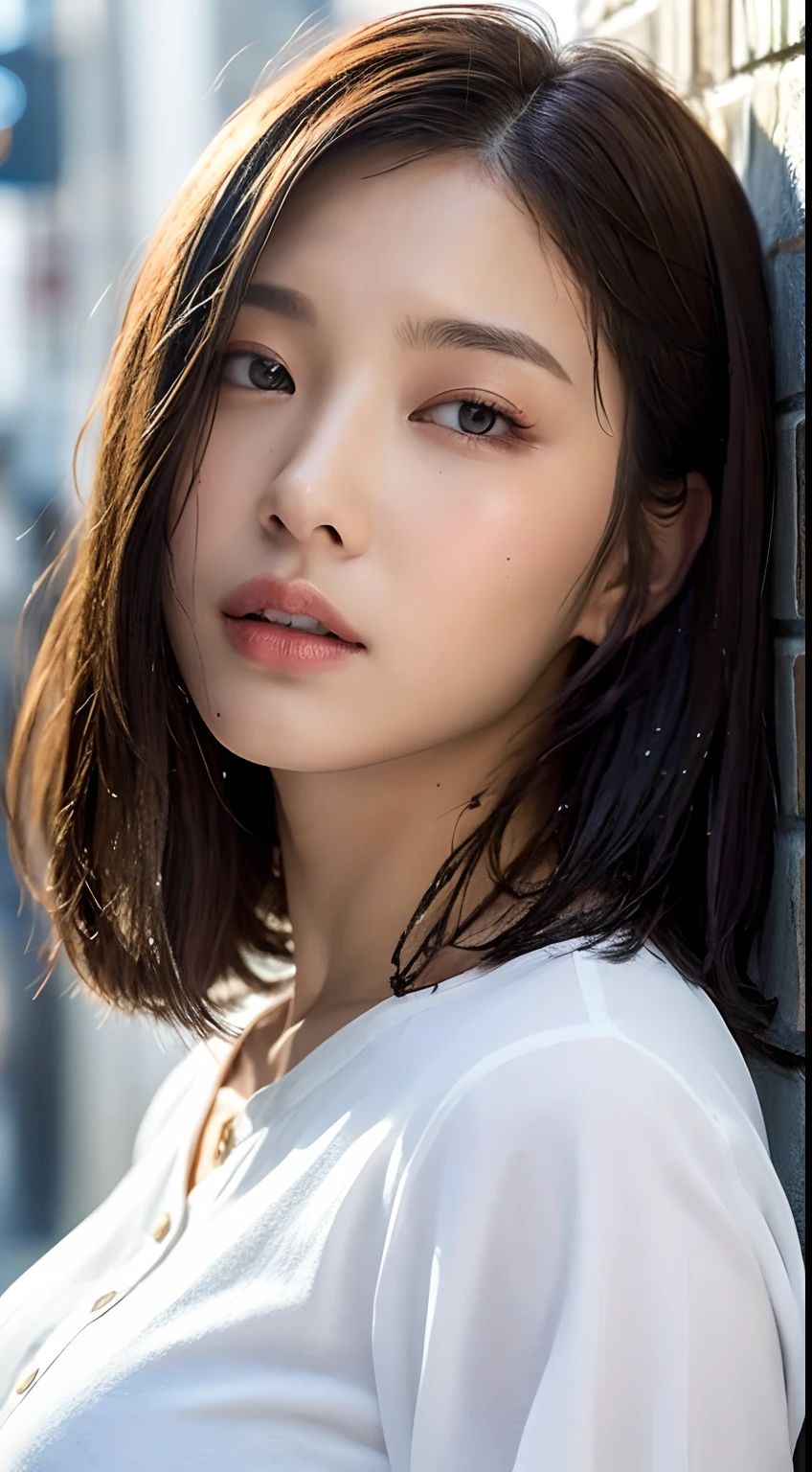 ((Best Quality, 8K, Masterpiece: 1.3)), Sharp: 1.2, Perfect Body Beauty: 1.4, Slim Abs: 1.2, ((Layered Hairstyle, Big Breasts: 1.2)), (Wet White Button Long Shirt: 1.1), (Rain, Street: 1.2), Wet: 1.5, Highly detailed face and skin texture, detailed eyes, double eyelids, side face looking at the camera