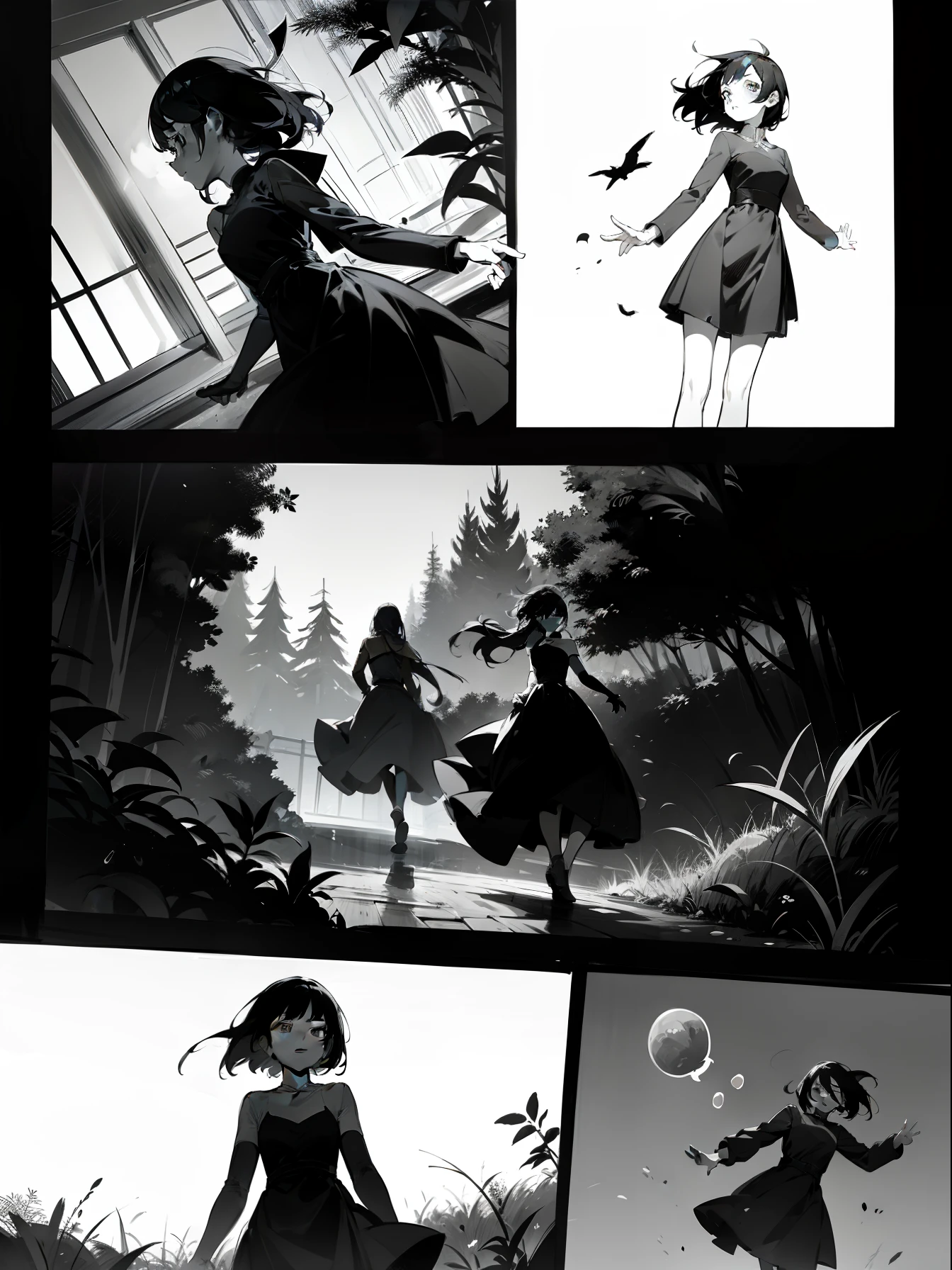 Black and white comics, monochrome mode, segmentation, comics page, dialog bubble box, Comic grid segmentation
An 18-year-old girl with black hair and a black dress,
Carefully move on,Be alert to any movement in the vegetation。