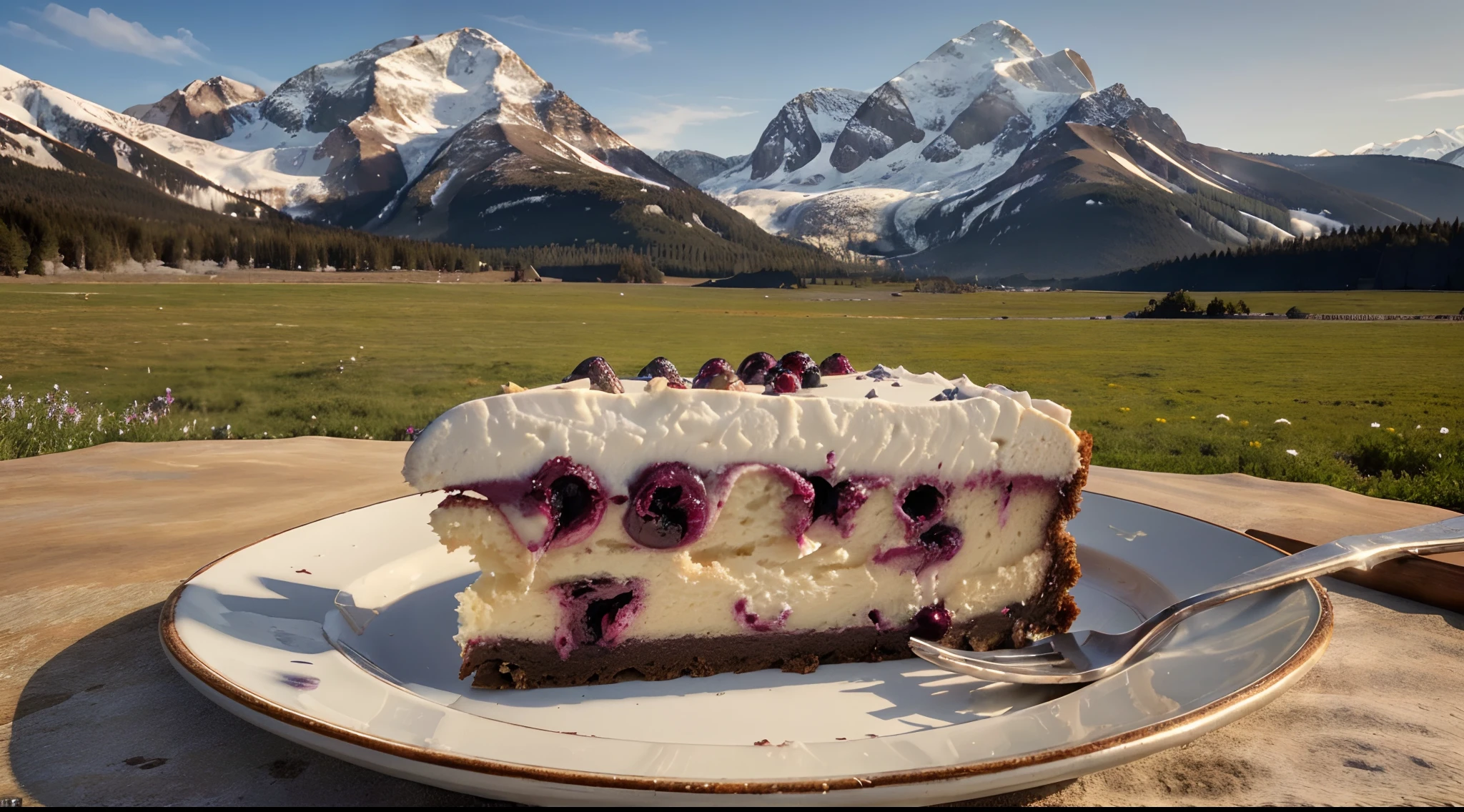 (best quality,4k,highres,masterpiece:1.2),ultra-detailed,(realistic,photorealistic,photo-realistic:1.37), a slice of blueberry cheesecake on a plate, at a meadows with mountain range visible and elaborate details in the background, award winning food photography, studio lighting, excellent composition, 8k