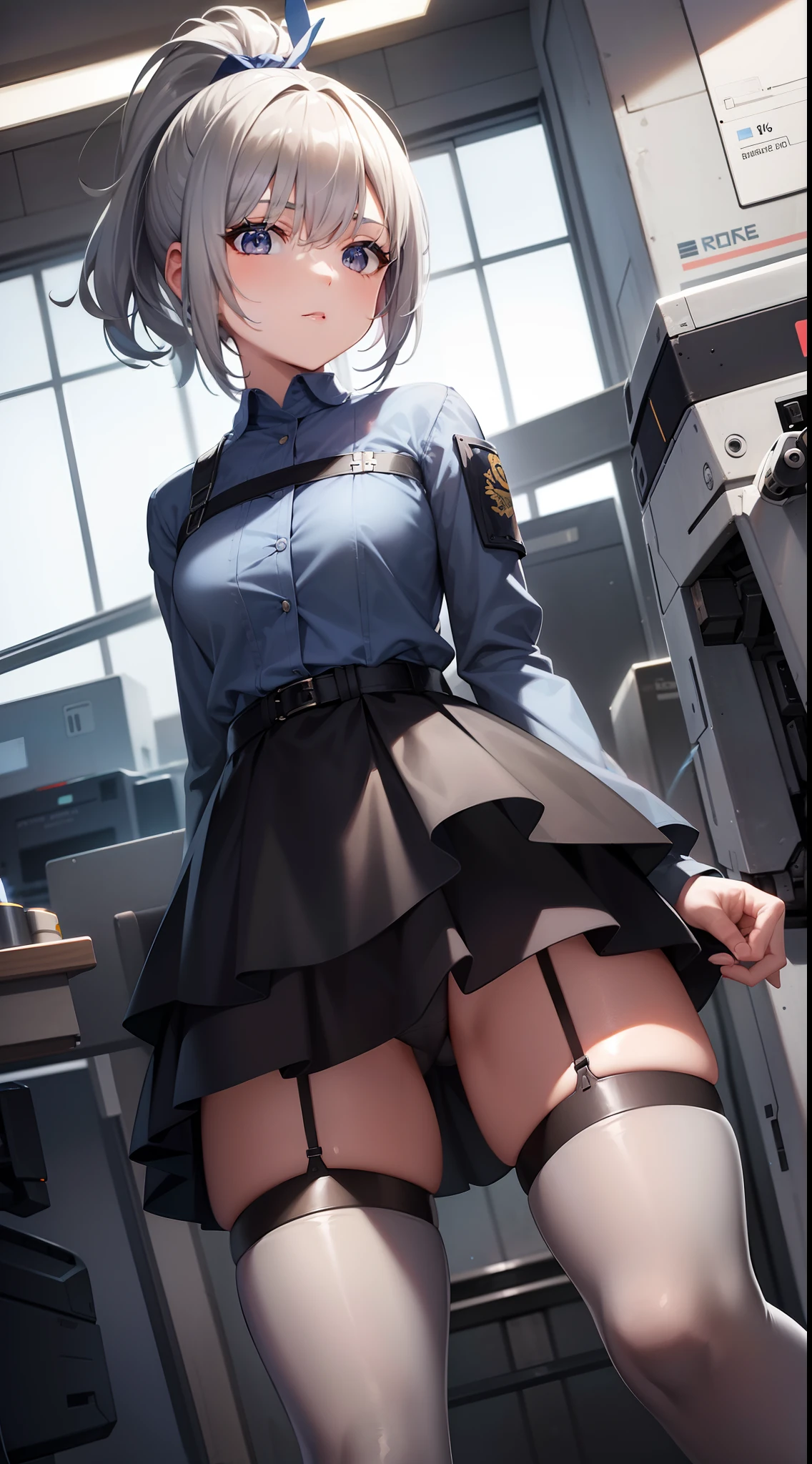 young girl, short gray hair, high ponytail, gray eyes, Blue Battle Shirt, Upskirt, robot behind, arma, Masterpiece, hiquality, 4k, HD, Good detail
