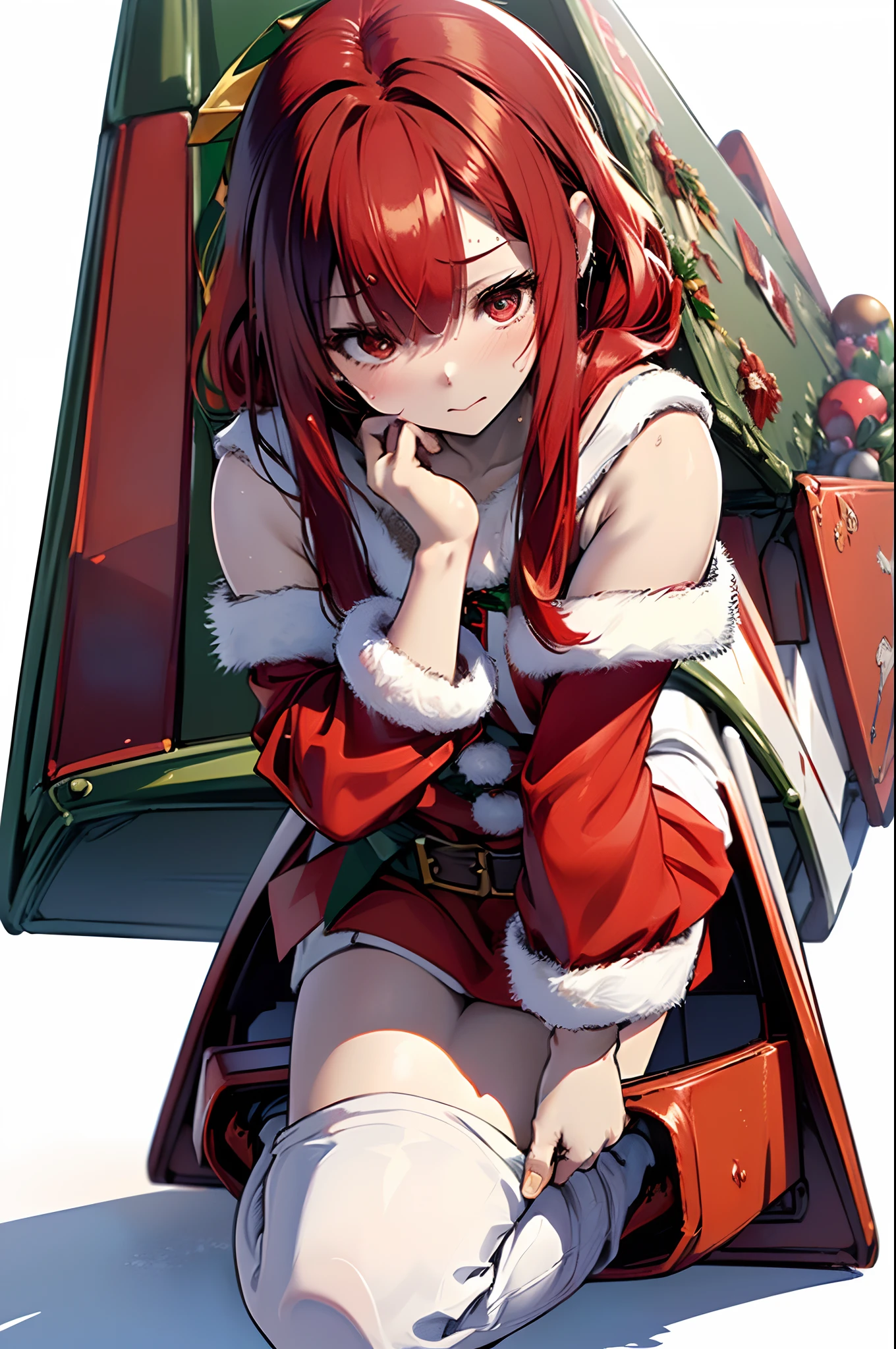 (Best Quality, 8K, Oil Painting, masutepiece:1.2), Ultra-detailed, (Realistic, Photorealistic:1.37), (((full body Esbian)))、Vibrant colors, Studio Lighting, (((white backgrounid)))、Shoulder-length bob hair, (((Santa Claus Costume)))、(((Red Santa Clothes))) 、(((a miniskirt)))、((Sweating))、(((I'm riding a sled)))、(((Slender Adult Woman)))、Blushing、(((Red hair)))、(((bobhair)))、(((Red hair)))、(((with a pure white background)))、(((There is a margin at the top of the head)))、(((There are margins on the left and right)))、(((There is a margin above the image)))、(((Cute 20 year old woman)))、(((You look tired)))、(((Fast sled)))
