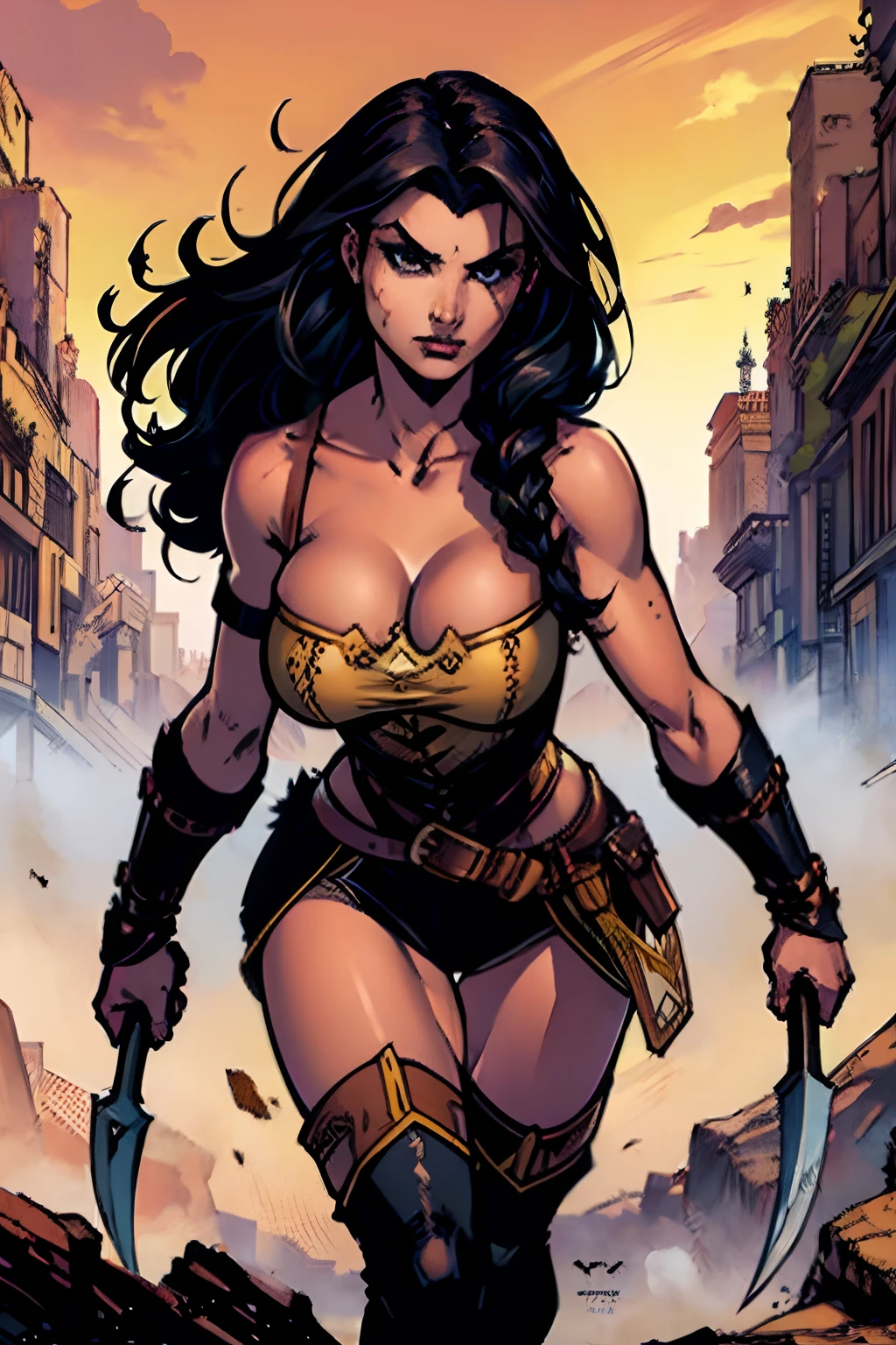 (masterpiece, top quality, best quality, official art, beautiful and aesthetic:1.2), (1girl:1.3), dark black hair pulled back, in an untidy mane, braids, extremely detailed, portrait, looking at viewer, solo, (full body:0.6), detailed background, close up, facepaint, (warm summer desert theme:1.1), busty human barbarian queen, elegant face, long face, charlatan, smirk, mysterious, walking in savannah, revealing tribal attire, brown leather, fur lined clothes, long boots, buckles, straps, pouches, axes, tan fabric, brown leather, ((medium breasts, skindentation, cleavage)), toned, strong, slim waist, slim hips, long legs, muscular legs, medieval (savannah exterior:1.1) background, dark mysterious lighting, shadows, magical atmosphere, dutch angle, (comics)