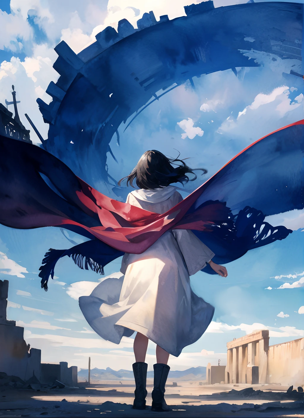 Anime girl with red and blue scarf walking in the desert,watercolor,picture on drawing paper,Drawing of a woman in a white dress and a red and blue scarf, Anime art wallpaper 8k, anime epic artwork, anime art wallpaper 4k, anime art wallpaper 4k, makoto shinkai cyril rolando, 4 k manga wallpaper, anime style 4 k, beautiful anime artwork, 4k anime wallpaper, anime fantasy artwork,a woman in white with cape draped all around her walking by huge arch like structure, 1girl, solo, sky, cloud, outdoors, from behind, scarf, day, boots, blue sky, black hair, facing away, ruins, wind,ruins floating in the sky