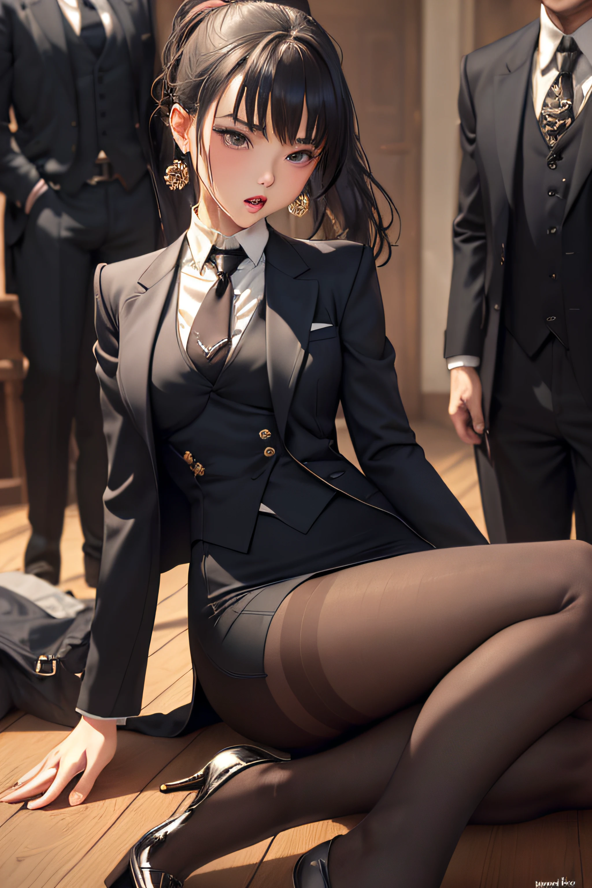 (masterpiece, best quality:1.2), cowboy shot, solo, 1girl, weissvale, looking at viewer, hand on leg, ponytail, scar on eye, kneeling, skirt suit, (((three-piece suit))), necktie, blazer, (((suit jacket))), (((waistcoat))), double-breasted waistcoat, bodycon miniskirt, pencil skirt, tie clip, pocket square, pocket watch, pantyhose, high heels, earrings, blowbang, group sex, blowjob, oral sex, penis, multiple men, bukkake, cum