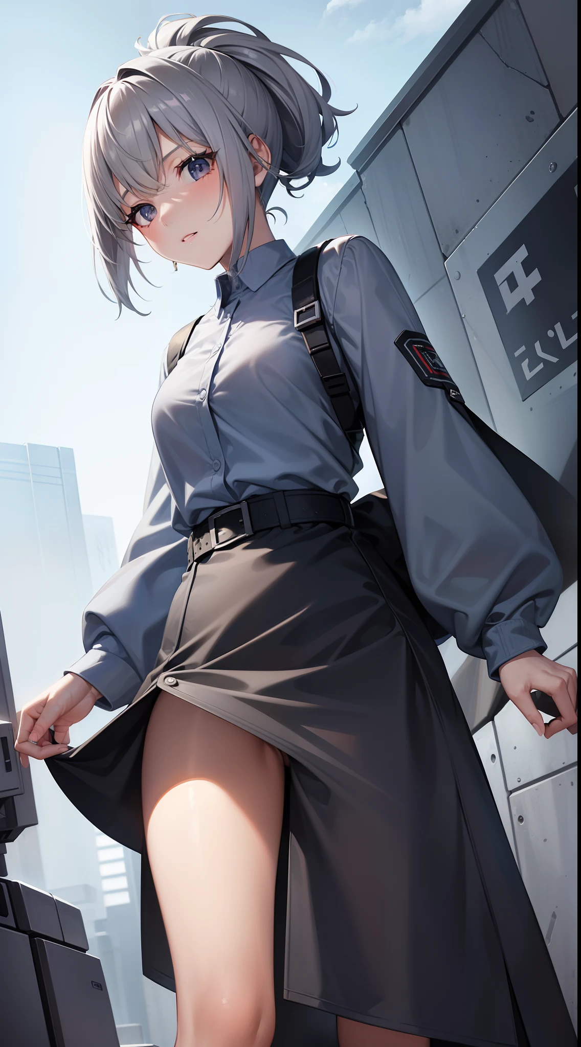 young girl, short gray hair, high ponytail, gray eyes, Blue Battle Shirt, Upskirt, robot behind, arma, Masterpiece, hiquality, 4k, HD, Good detail
