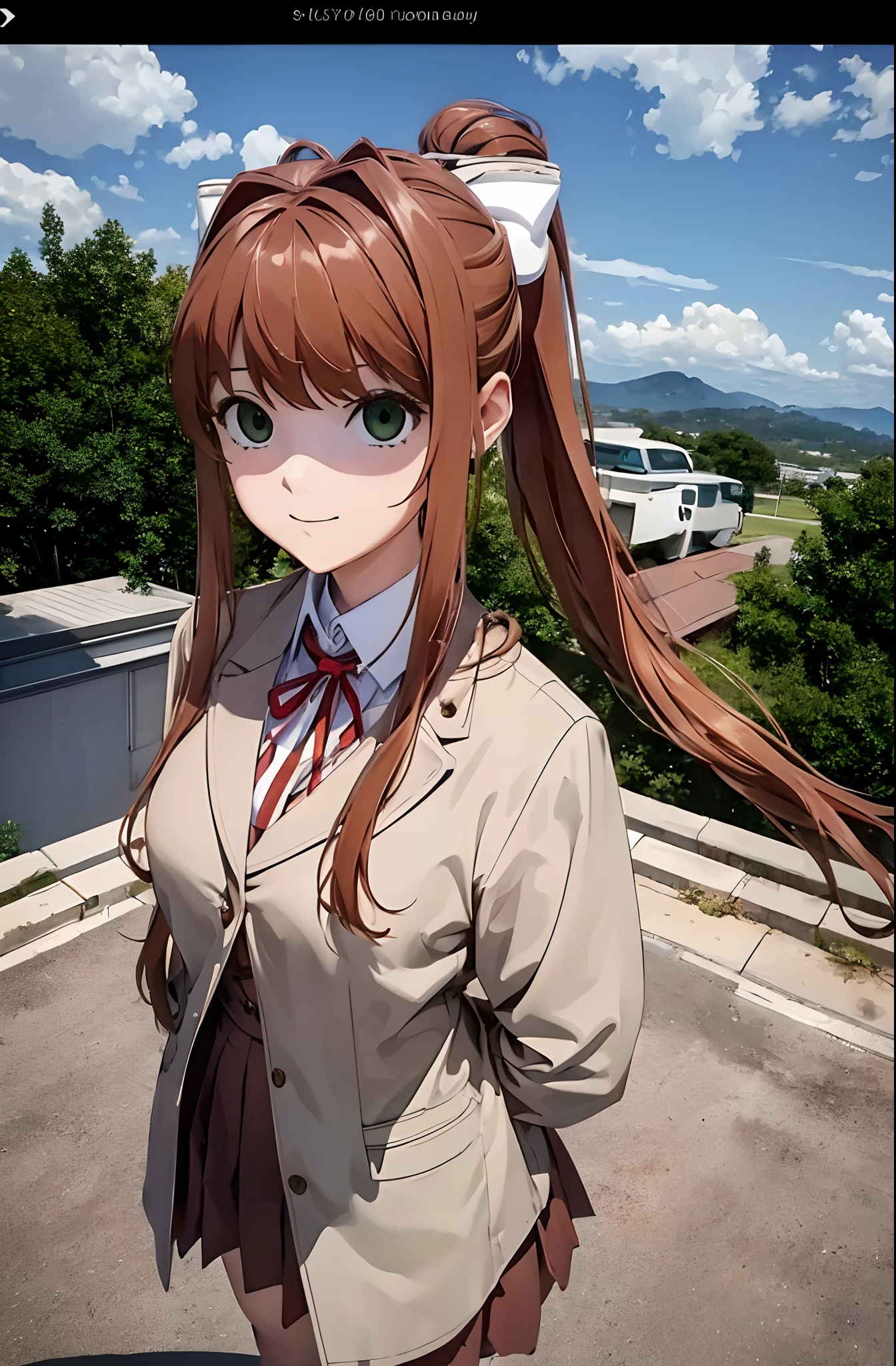 Monika standing and blankly looking at viewer, (view of body from hip to above head), ((camera view from front, eye level)), ((4k))