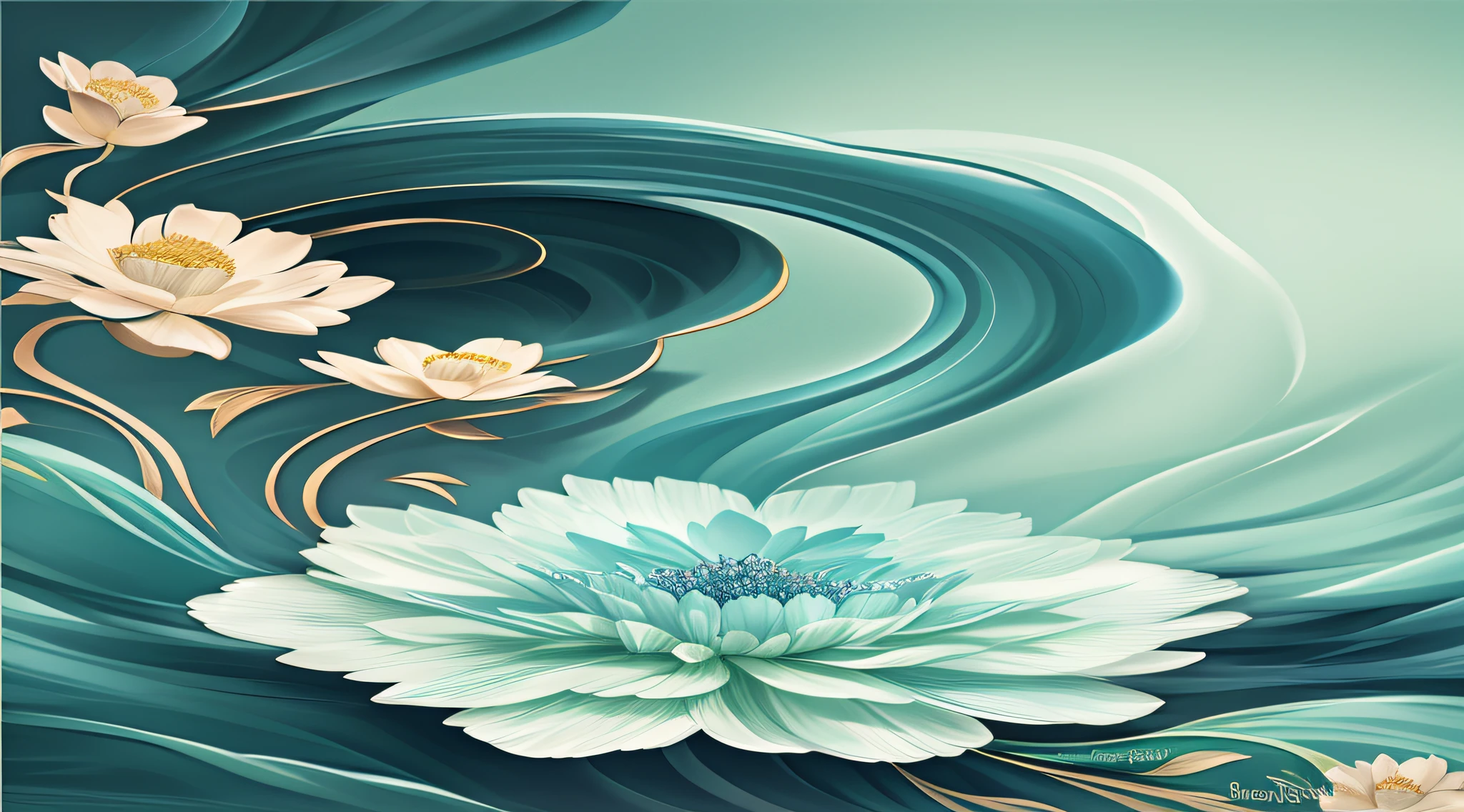 There is a flower painting with a green background, Exquisite digital illustration, A beautiful artwork illustration, elegant digital painting, in style of digital illustration, Beautiful digital illustration, flowing aqua silk, beautiful gorgeous digital art, beautiful digital art, Very Beautiful Digital Art, Beautiful digital artwork, stunning digital illustration, glossy digital painting, beautiful digital painting, digital art of an elegant,The base color is Tiffany blue