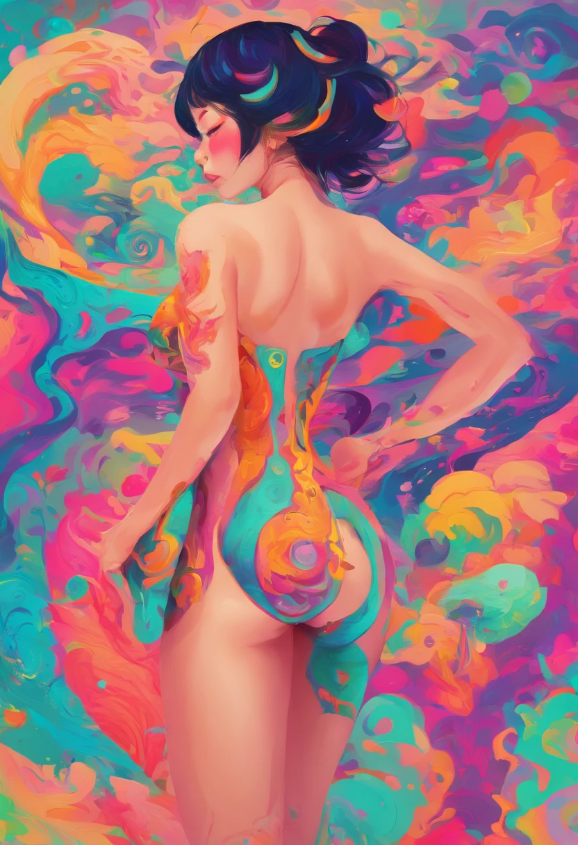 Cute beauty asian woman fully naked, big butt, medium breast, full body, abstract, colorful,8k, transgressive art, abstract tattoo full body, sensual, hot, short hair, octane render , saturated colors, pastel colors