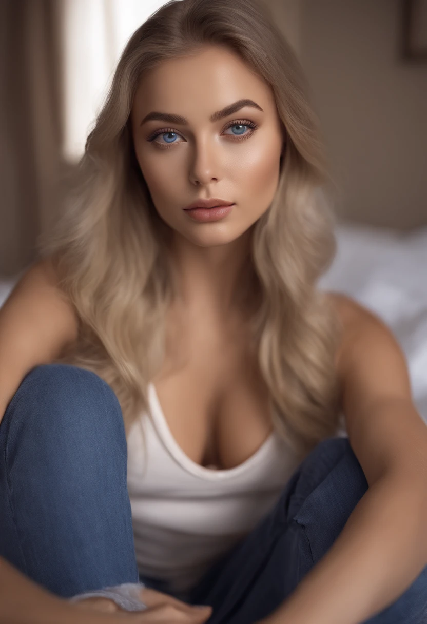 arafed woman fully , sexy girl with blue eyes, ultra realistic, meticulously detailed, portrait sophie mudd, blonde hair and large eyes, selfie of a young woman, bedroom eyes, violet myers, without makeup, natural makeup, looking directly at the camera, face with artgram, subtle makeup, stunning full body shot kneeling on bed, in bedroom, medium to large size bust