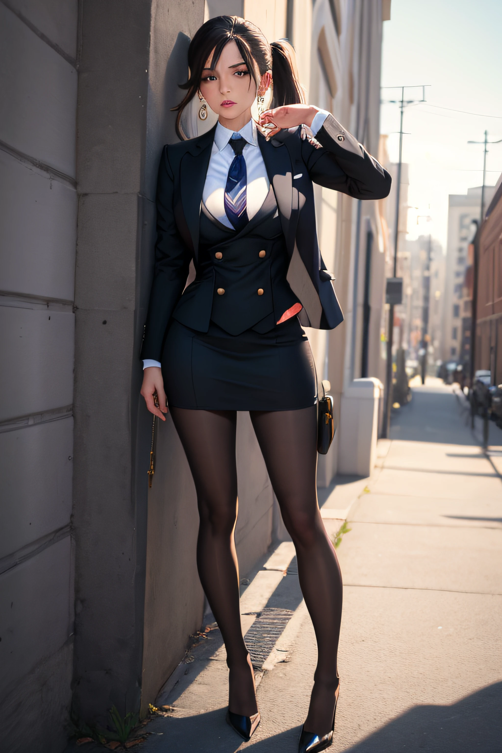(masterpiece, best quality:1.2), cowboy shot, solo, 1girl, weissvale, looking at viewer, hand on leg, ponytail, scar on eye, kneeling, skirt suit, (((three-piece suit))), necktie, blazer, (((suit jacket))), (((waistcoat))), double-breasted waistcoat, bodycon miniskirt, pencil skirt, tie clip, pocket square, pocket watch, pantyhose, high heels, earrings,