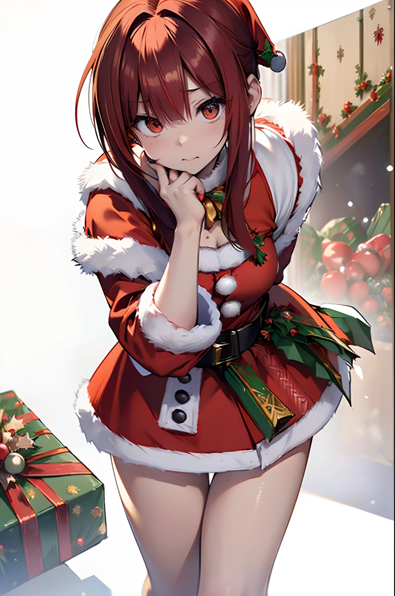 (Best Quality, 8K, Oil Painting, masutepiece:1.2), Ultra-detailed, (Realistic, Photorealistic:1.37), (((full body Esbian)))、Vibrant colors, Studio Lighting, (((white backgrounid)))、Shoulder-length bob hair, (((Santa Claus Costume)))、(((Red Santa Clothes))) 、(((a miniskirt)))、((Surprised))、(((Touch your cheek with your hand)))、(((Slender Adult Woman)))、Blushing、(((Red hair)))、(((bobhair)))、(((Red hair)))、(((with a pure white background)))、(((There is a margin at the top of the head)))、(((There are margins on the left and right)))、(((There is a margin above the image)))、(((Cute 20 year old woman)))、(((startled)))