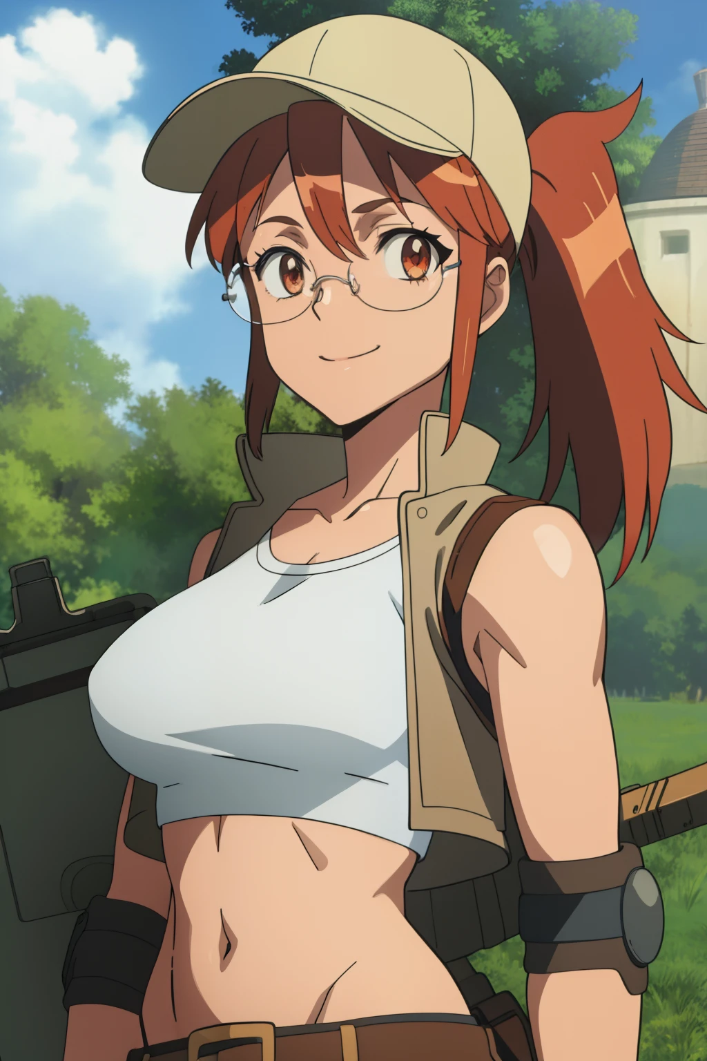 (masterpiece, best quality:1.2),illustration,8k,hd,1girl,solo,upper body,(portrait:1.2),large breasts,round eyewear,hat,crop top,midriff,gloves,navel,baseball cap,knee pads,short shorts,ponytail,boots,brown eyes,brown shorts,belt,smile, pack,brown headwear,red hair,hip vent,tank top,long hair,vest,huge breasts, upper body,outdoors, ((glasses 1.2))