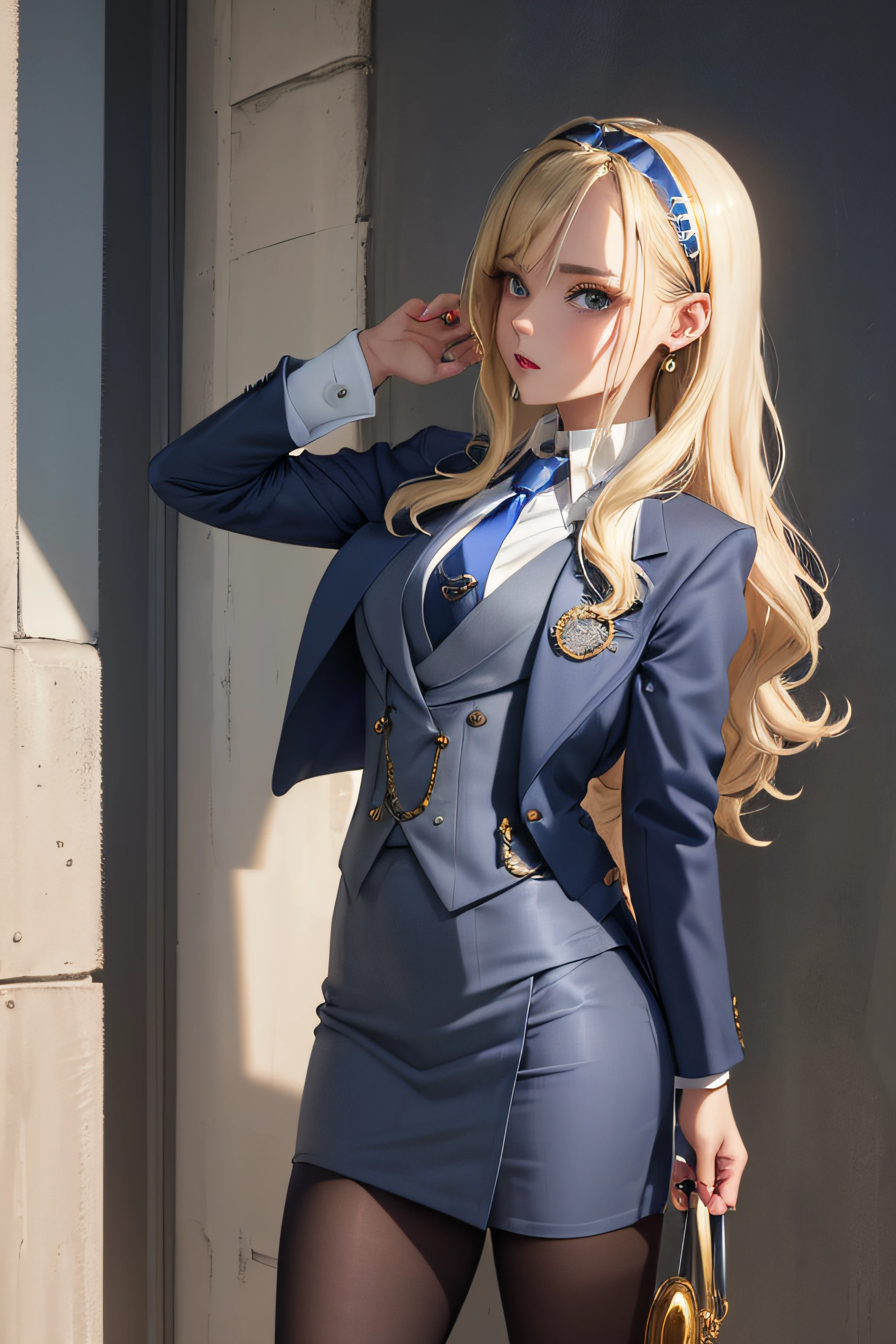 (masterpiece, best quality:1.2), cowboy shot, solo, 1girl, long hair, pushed back hair, wavy hair, hairband, blonde hair, makeup, lipstick, looking at viewer, grey skirt suit, (((three-piece suit))), ((blue dress shirt with white collar)), contrast collar, gold necktie, blazer, (((suit jacket))), (((waistcoat))), double-breasted waistcoat, bodycon miniskirt, pencil skirt, tie clip, pocket square, pocket watch, pantyhose, high heels, earrings, painted nails,