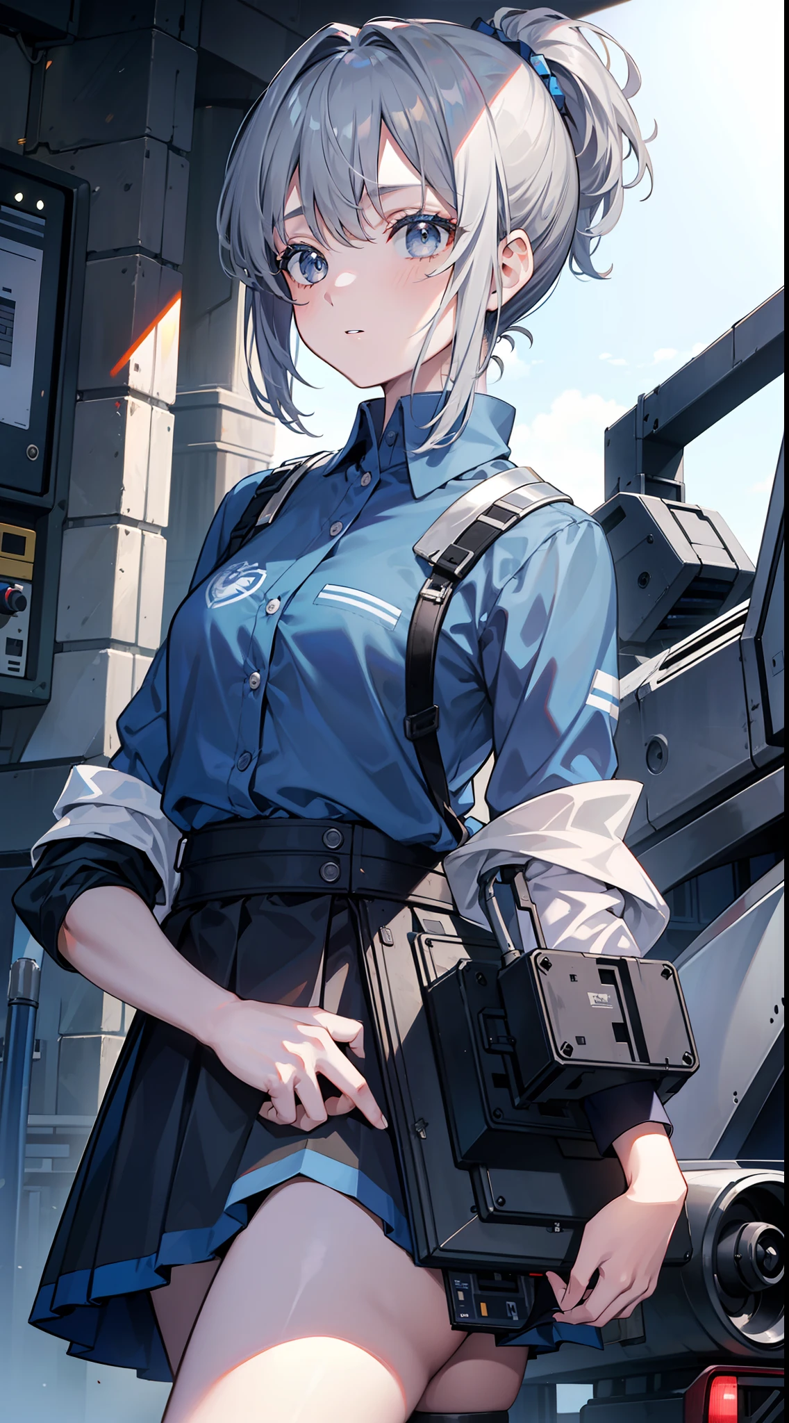 young girl, short gray hair, high ponytail, gray eyes, Blue Battle Shirt, Upskirt, robot behind, arma, Masterpiece, hiquality, 4k, HD, Good detail