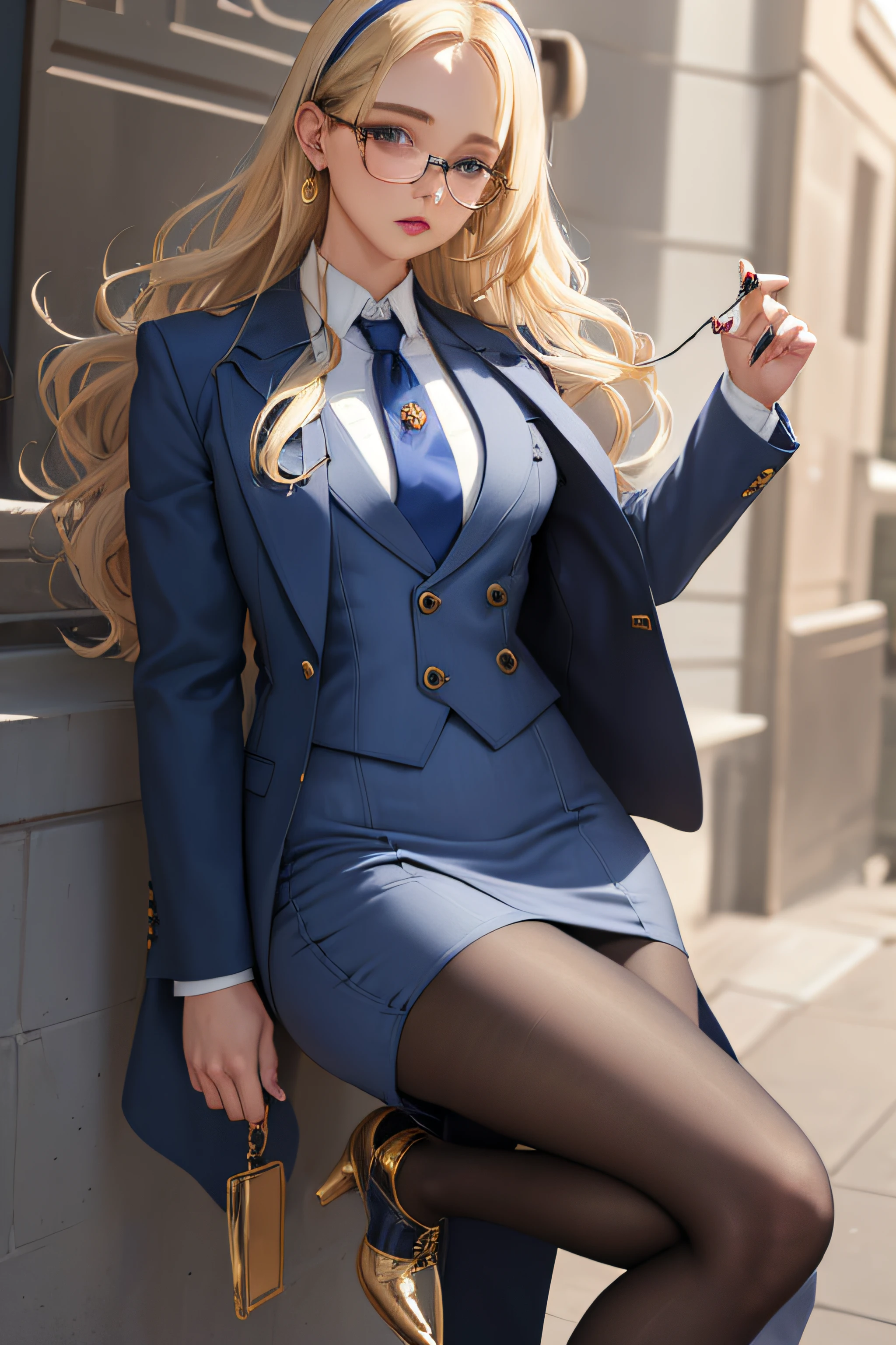 (masterpiece, best quality:1.2), cowboy shot, solo, 1girl, long hair, pushed back hair, wavy hair, hairband, blonde hair, makeup, lipstick, looking at viewer, grey skirt suit, (((three-piece suit))), ((blue dress shirt with white collar)), contrast collar, gold necktie, blazer, (((suit jacket))), (((waistcoat))), double-breasted waistcoat, bodycon skirt, pencil skirt, tie clip, pocket square, pocket watch, pantyhose, high heels, earrings, painted nails, glasses