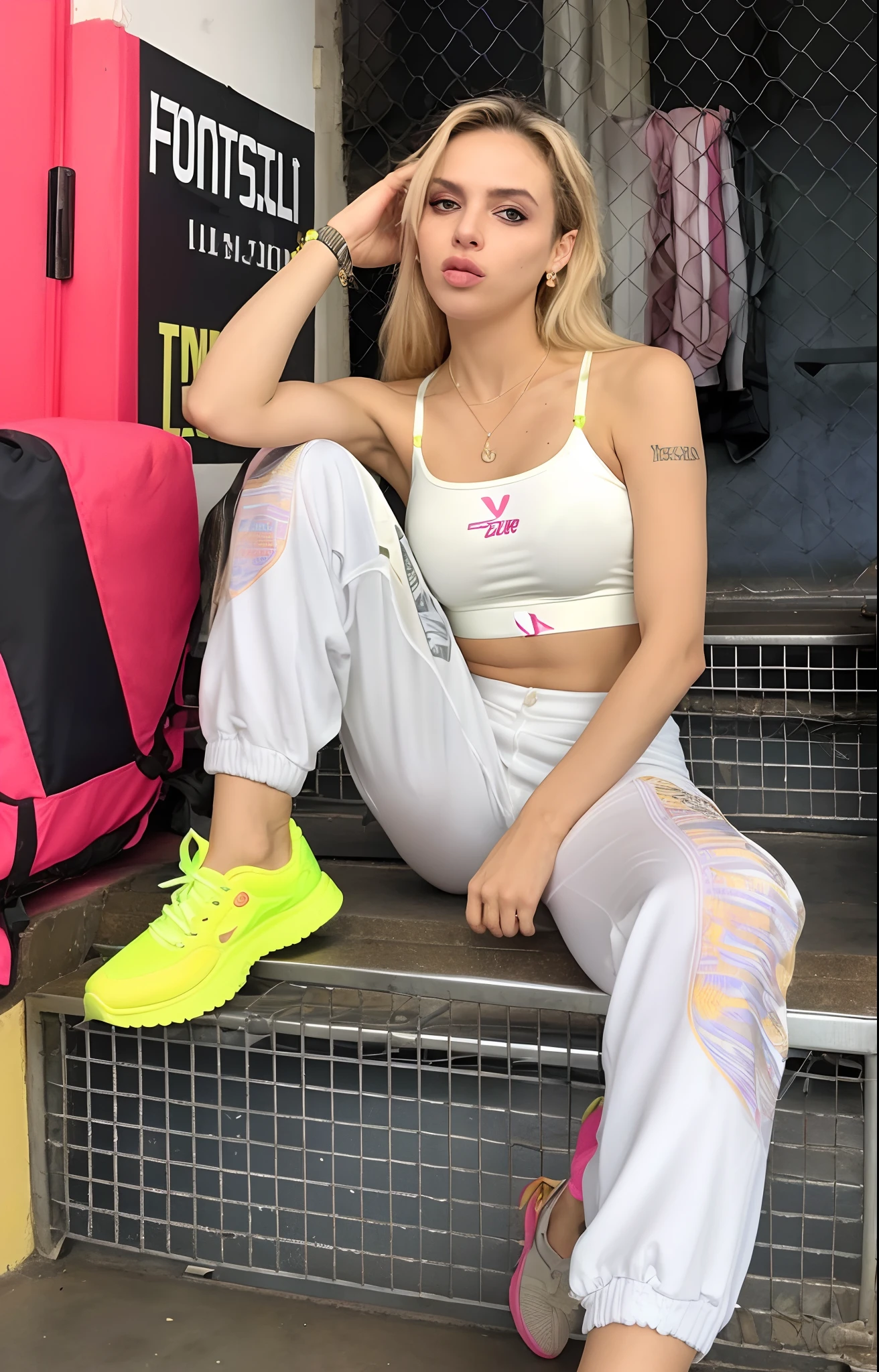 mulher arafed sentada em um conjunto de escadas com um sapato amarelo neon, focus on sneakers only, Estilo de Julia Razumova, neon vibes, 🤬 🤮 💕 🎀, Taran Dasha, not cropped, Estilo neon, vestindo um pescador 🧥, 😭 🤮 💕 🎀, Angelina Stroganova, tomada em 2 0 2 0