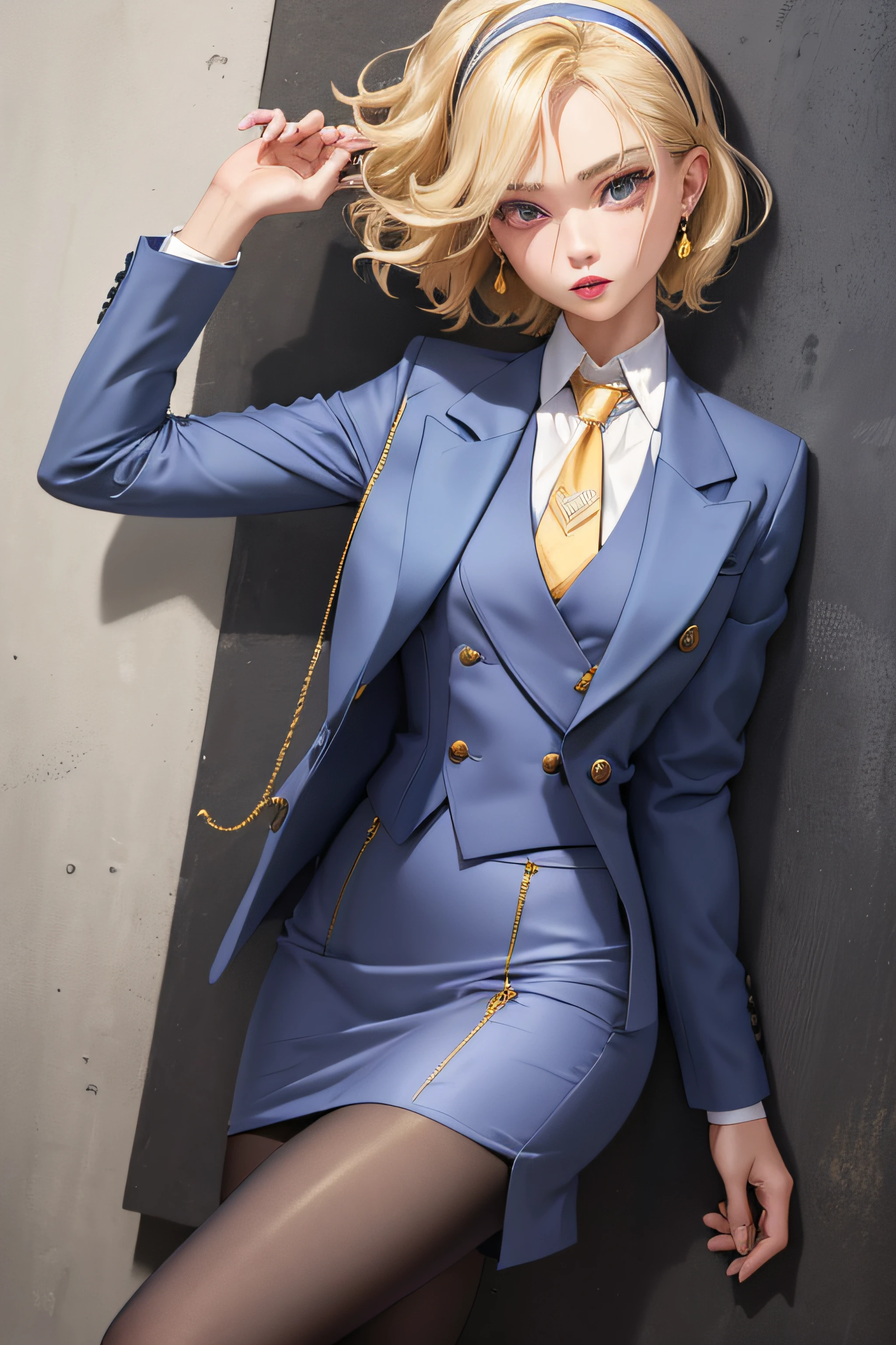 (masterpiece, best quality:1.2), cowboy shot, solo, 1girl, short hair, wavy hair, hairband, blonde hair, makeup, lipstick, looking at viewer, grey skirt suit, (((three-piece suit))), ((blue dress shirt with white collar)), contrast collar, gold necktie, blazer, (((suit jacket))), (((waistcoat))), double-breasted waistcoat, bodycon miniskirt, pencil skirt, tie clip, pocket square, pocket watch, pantyhose, high heels, earrings,