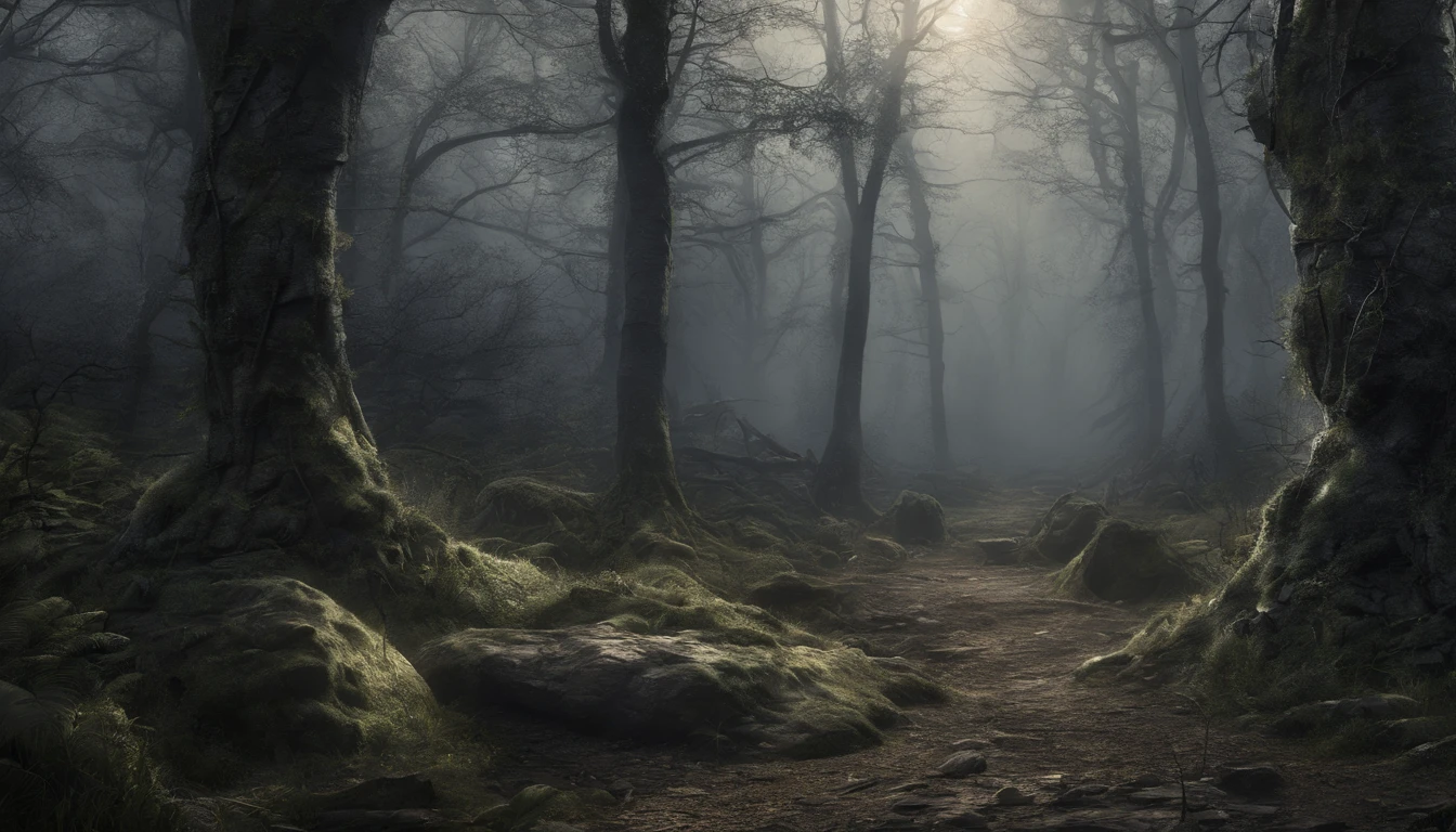 dunkler mystischer Wald, somber mood, neblig, schatten, mond