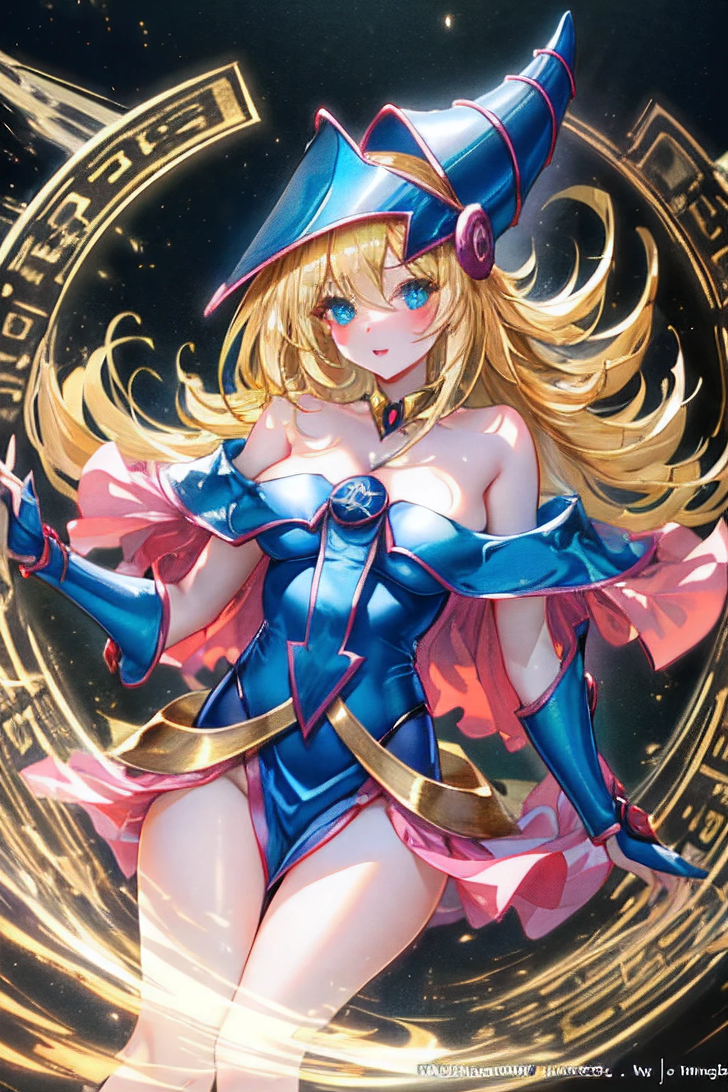 Hermosa joven dark magician gils con cabello rubio y ojos verdes、Anime style、small  boobs. Pose sujestiva y . Cara de inocencia cuerpo de pecado. Sonrisa, carcajada, alegre, Fondo de magia. Circulos magicos. Heart in the air.