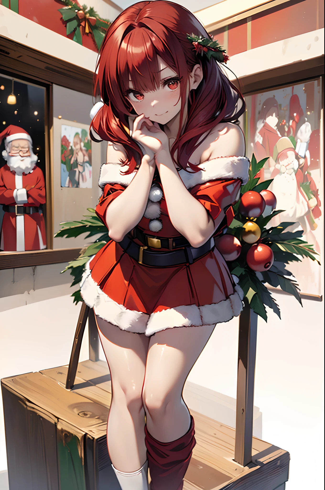 christmas tree, present boxes under the tree. (three es (peek out from the boxes)), little naked breast, red ribbons on body, high quality, 4k