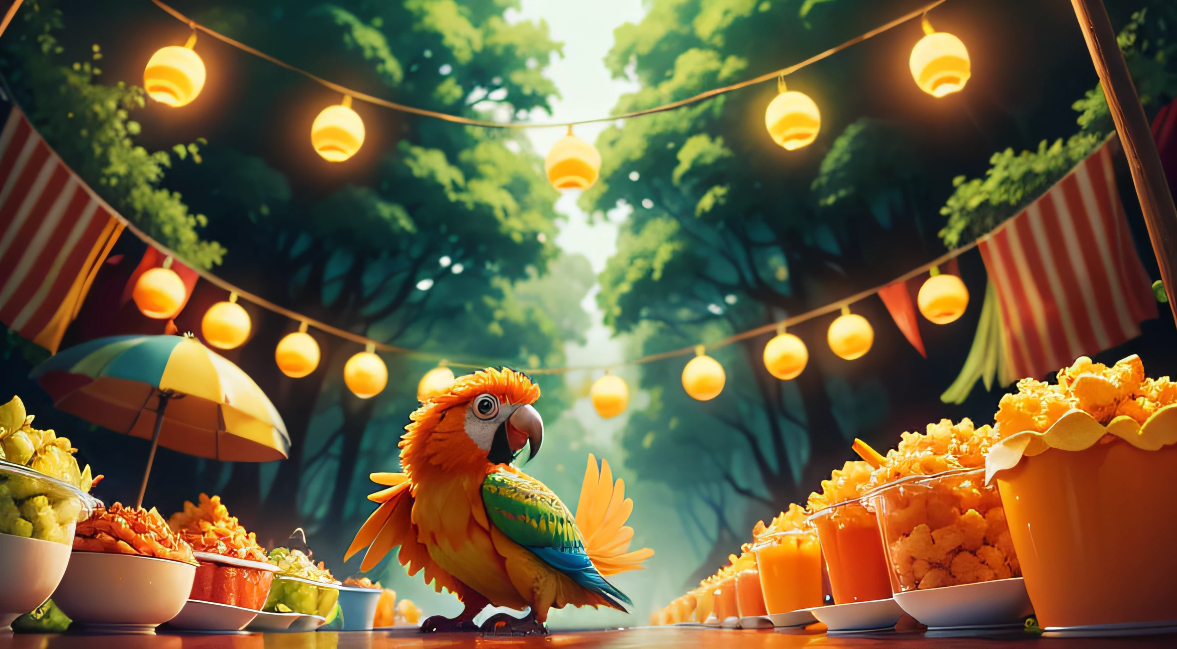 sideview of a orange parrot, Pixar Style Movie, so cute, big eyes, bright eyes, pretty eyes, fullbody orange, forest party, Clothesline Lights, smilling, juice cup, popcorn plate, cornflake bowl