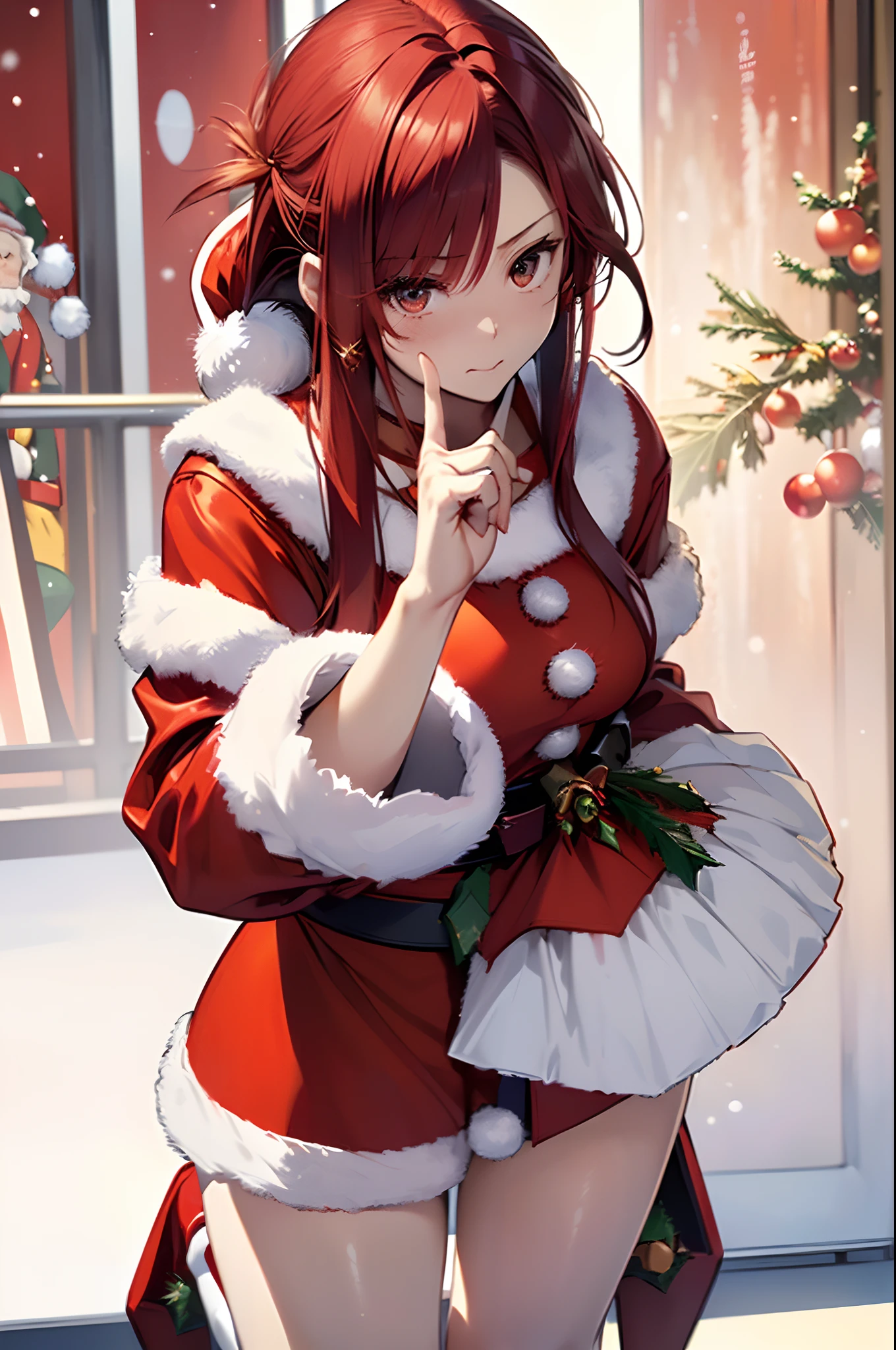 (Best Quality, 8K, Oil Painting, masutepiece:1.2), Ultra-detailed, (Realistic, Photorealistic:1.37), (((full body Esbian)))、Vibrant colors, Studio Lighting, (((white backgrounid)))、Shoulder-length bob hair, (((Santa Claus Costume)))、(((Red Santa Clothes))) 、(((a miniskirt)))、((Embarrassed look))、(((Touch your cheek with your hand)))、(((Slender Adult Woman)))、Blushing、(((Red hair)))、(((bobhair)))、(((Red hair)))、(((with a pure white background)))、(((There is a margin at the top of the head)))、(((There are margins on the left and right)))、(((There is a margin above the image)))、(((Cute 20 year old woman)))、(((Point your index finger to the sky)))