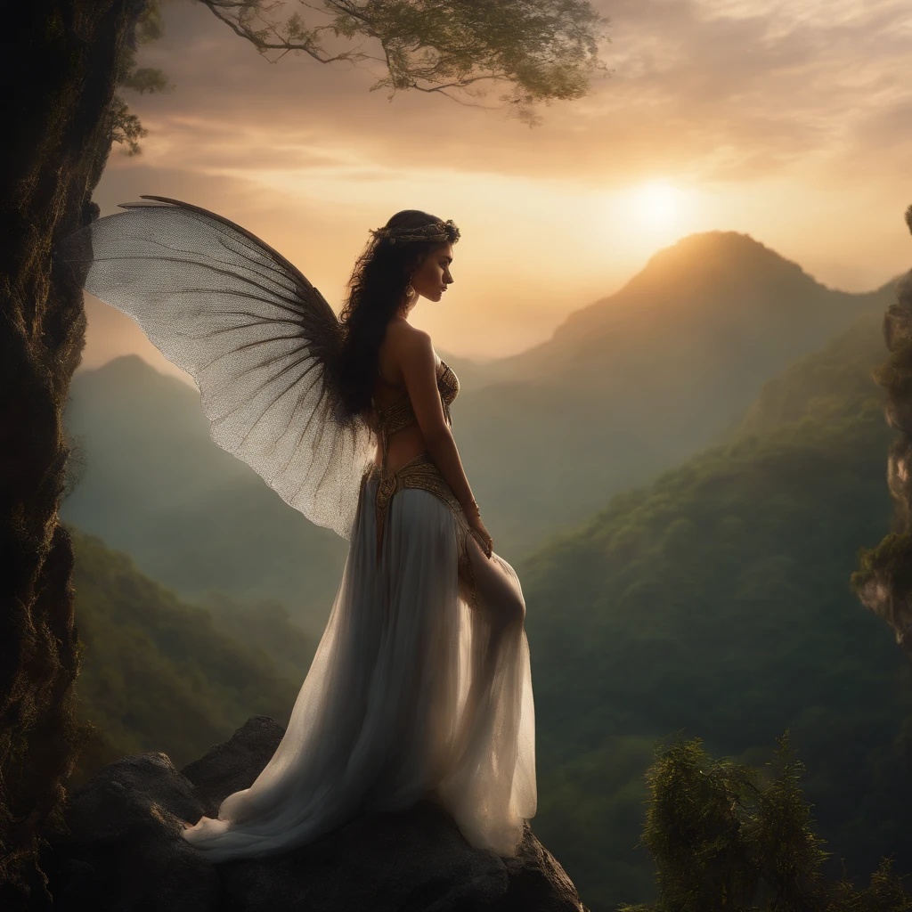 ((Need)), ((tmasterpiece)), (A detailed), Enchanting succubus, Ethereal beauty, Inhabit deep forests, (fantasy illustrations:1.3), Seductive gaze, Charming pose, Elf wings, otherworldly charm, Mysterious jungle, (Luis Royo:1.2), (Yoshitaka Amano:1.1), the setting sun, pastelcolor, (Detailed cloud view:1.3), (A high resolution:1.2)