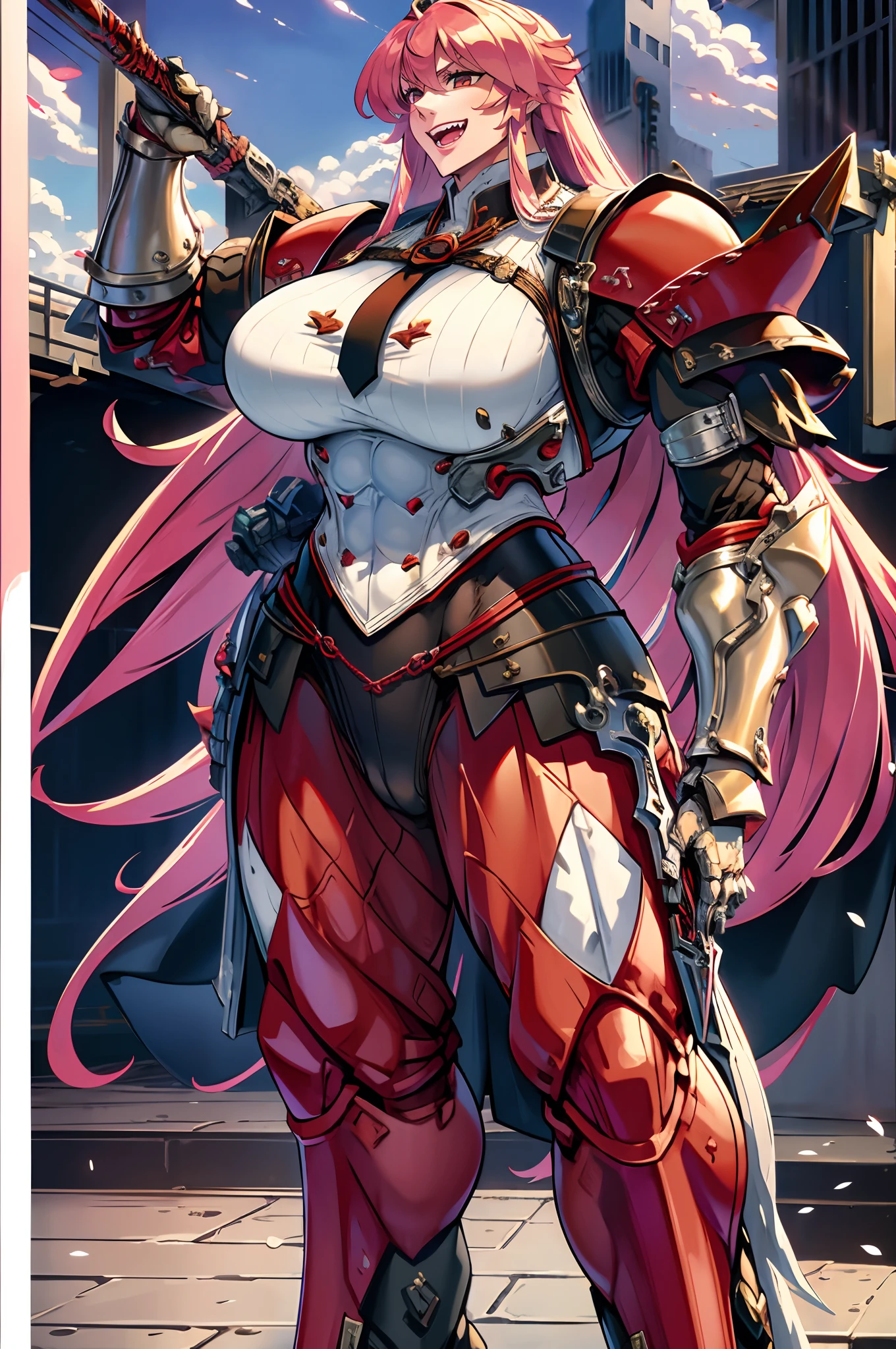 tomboy, warrior, berserker, tall female, muscular female, living hair, sauvage,, medieval clothing, fantasy, fantasy weapon, huge breasts, barbarian pants, , combat boots, armor, red hair, crazy smile, open mouth, biceps, necktie, thick arms,pullover, solo focus, long hair, , crazy smile, long hair, pants, noble cloths, noble clothing, french cloths, very long hair, BOOTS, full body, pink lips, hime cut, full body