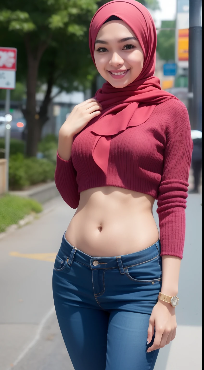 Malay girl in hijab, naked, walking in city street, front view, detail skin, detail skin texture, mole below eyes, small breast, big hip, big waist, big thigh, slim abs, beautiful body, evening, laughing, happy, bright lighting, blur background, bokeh,