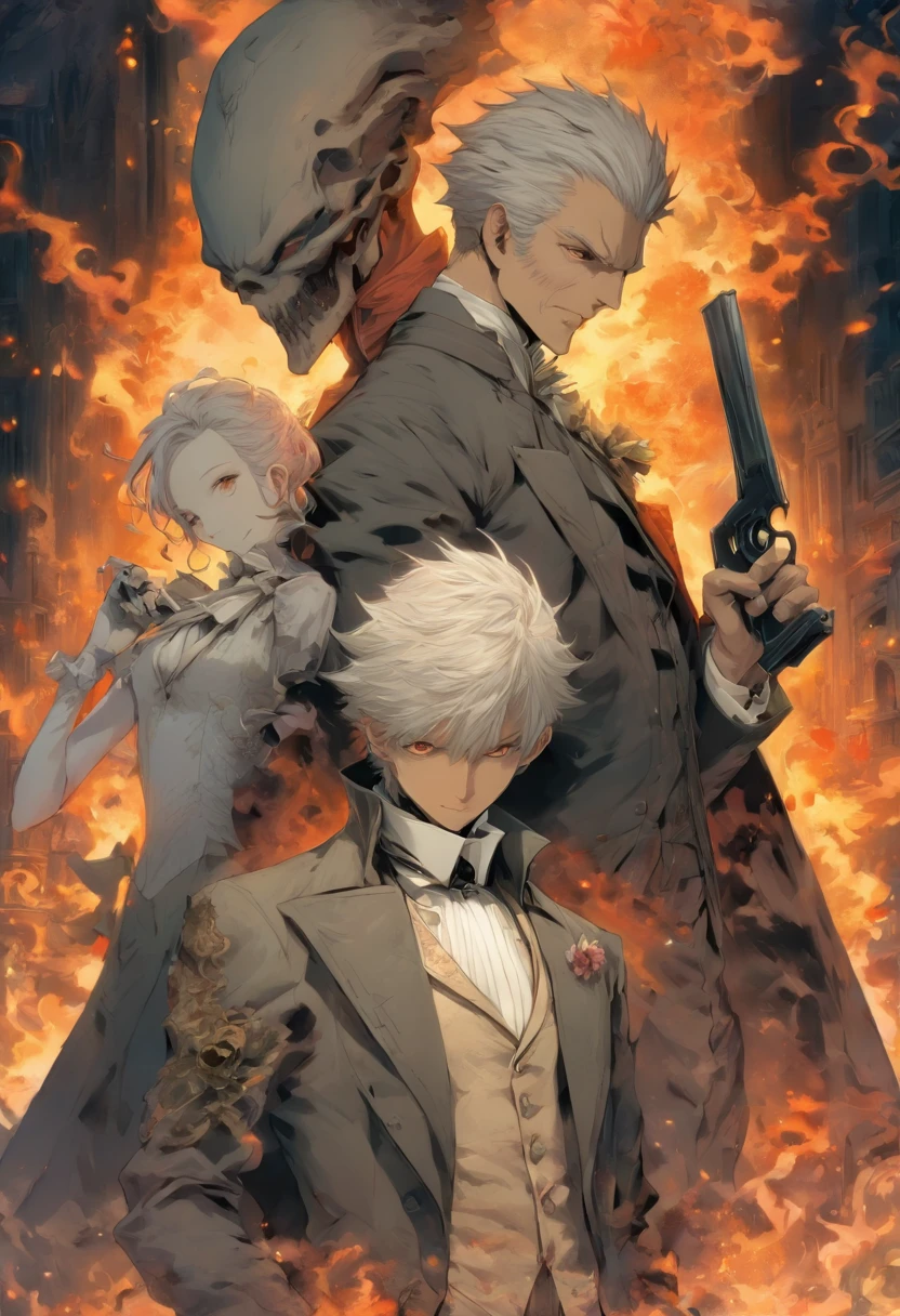 Gray-haired and pale man, Victorian clothes,Such as hematogenous, Carry a firearm