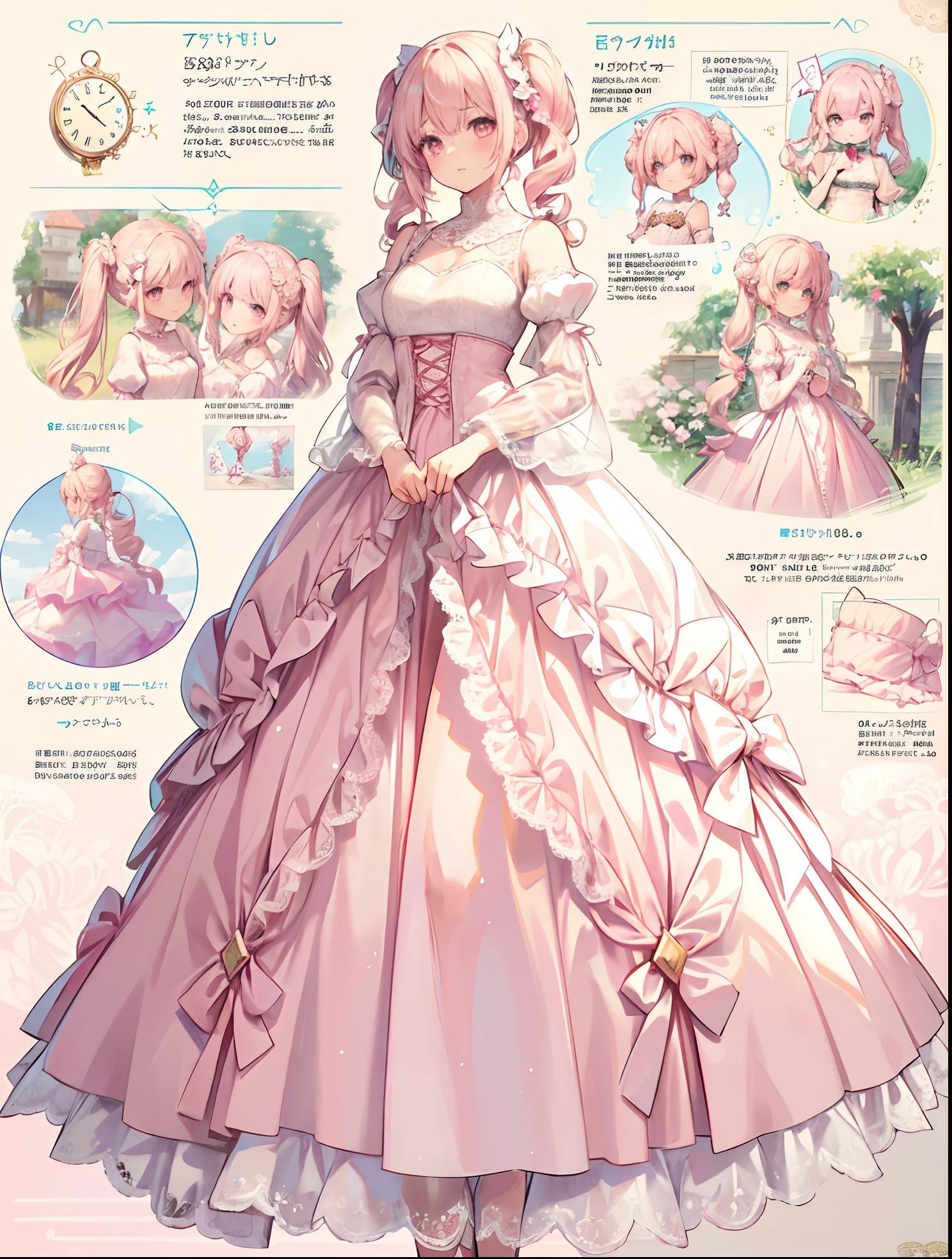 ((One girl)), Ultra-realistic photo of a girl in a majestic pink and white ball gown dress, Big beautiful dress, Complex puffy ball gown with lots of frills and rhinestones (Best Quality, masutepiece, ((Lace sleeves:1.2))。 art  stations, Fantasy Art:1.2), Palace rooms, Beautiful cute girl, (Pink twin tails:1.3), (Complex short gold skirt, Bare legs:1.2, Full body shot)