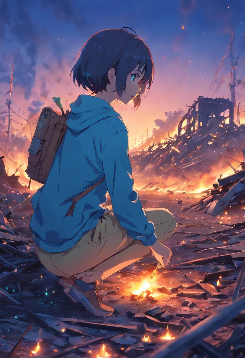 ant with glowing blue spots in burned down wasteland
