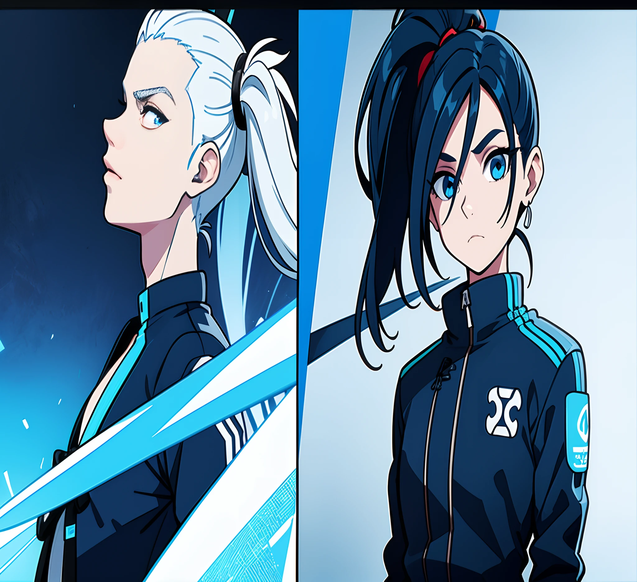 Avatar, Icons, Jovem samurai bonito, Cabelos Longos, Branco, Eastern Thrace, Estilo Cyberpunk Techwear, futurista. roupas azul, sozinho, do ombro pra cima.