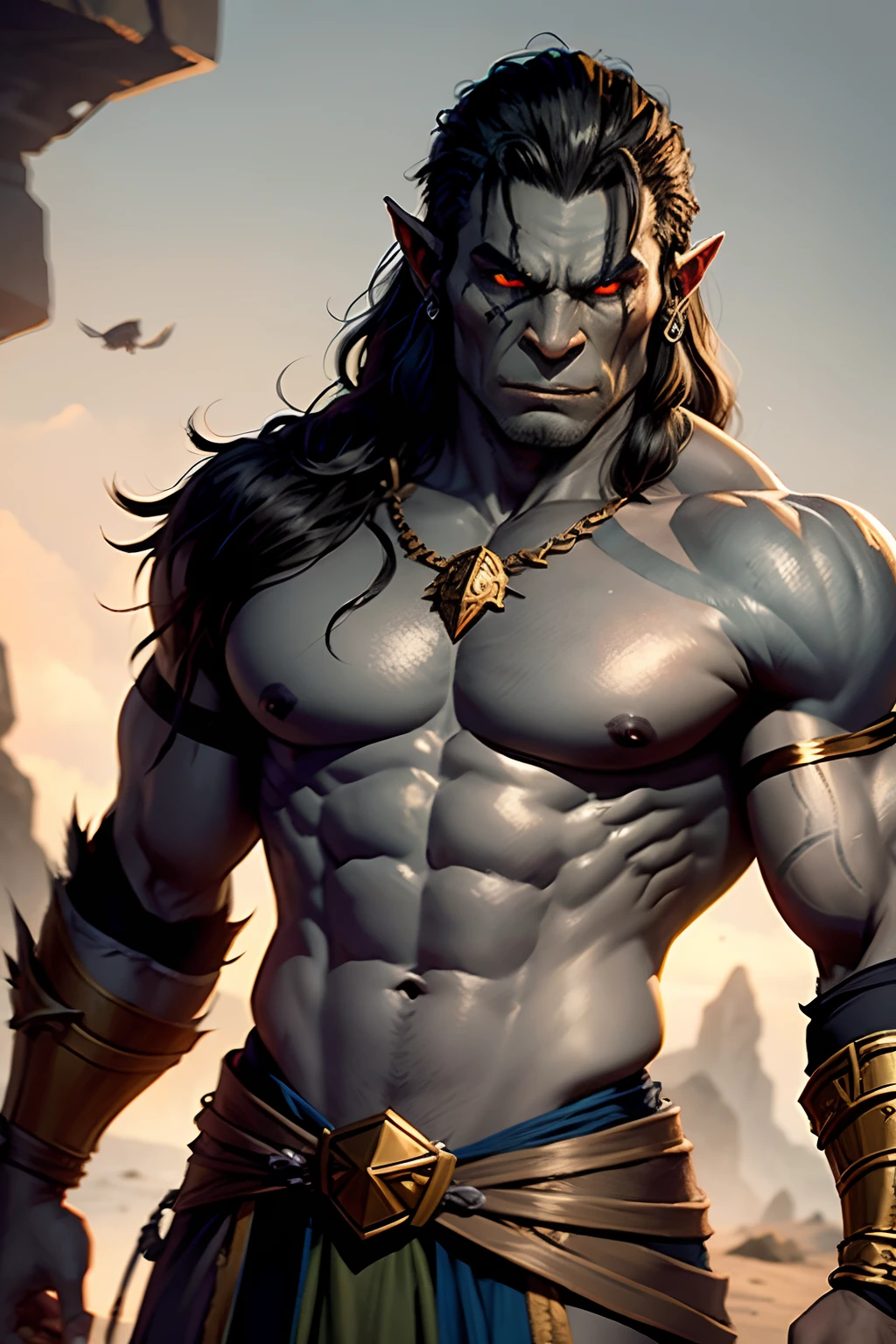 Half-orc, barbarian, golden eyes, Dark hair, grey skin, fantasy, ember, Male gender, Weight 95, Height 186, r old, The skin is completely grey, grayish skin, Orc, Race orc.