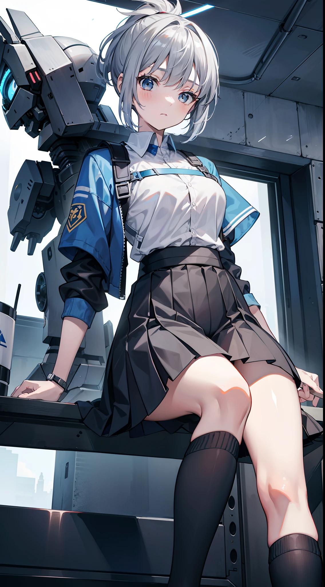young girl, short gray hair, high ponytail, gray eyes, Blue Battle Shirt, Upskirt, robot behind, arma, Masterpiece, hiquality, 4k, HD, Good detail