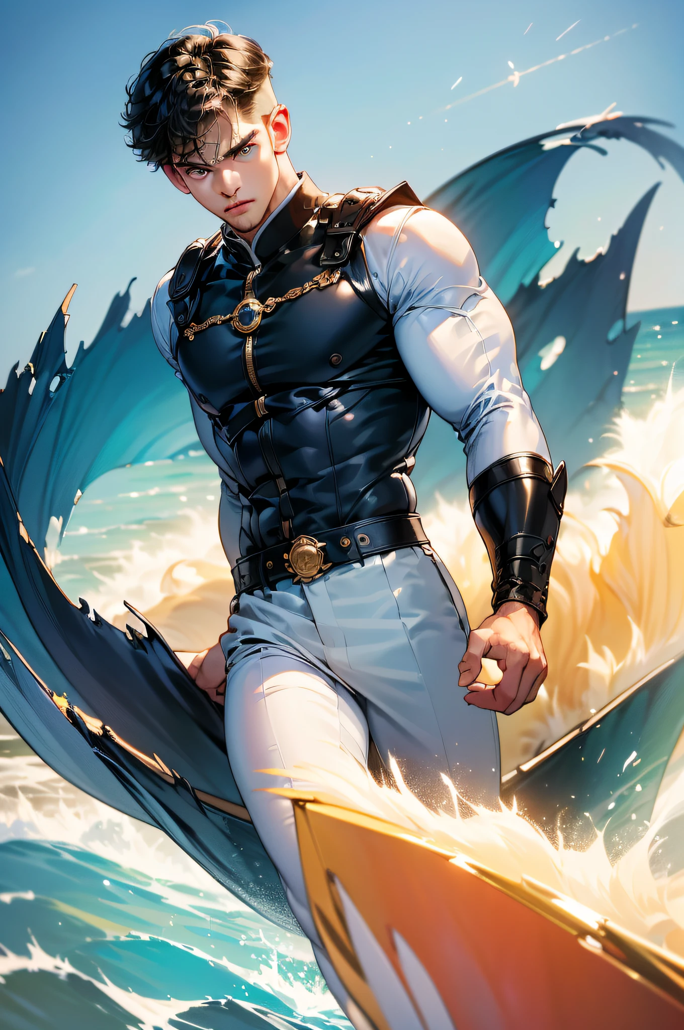 (((masterpiece))), (((best quality))), ((super detailed)),(The detailed CG illustrations are extremely delicate and beautiful)),movie light,(8k, original photo, best quality), Super quality, handsome man, Stands 7 feet tall. He has an athletic body structure. He wears blue and silver armor. He has beautiful blue silky hair and an indescribable eye color. He saw it with the staff. He has an ocean background around him. There's a big bulge in my pants.(short hair)(exposing her chest)