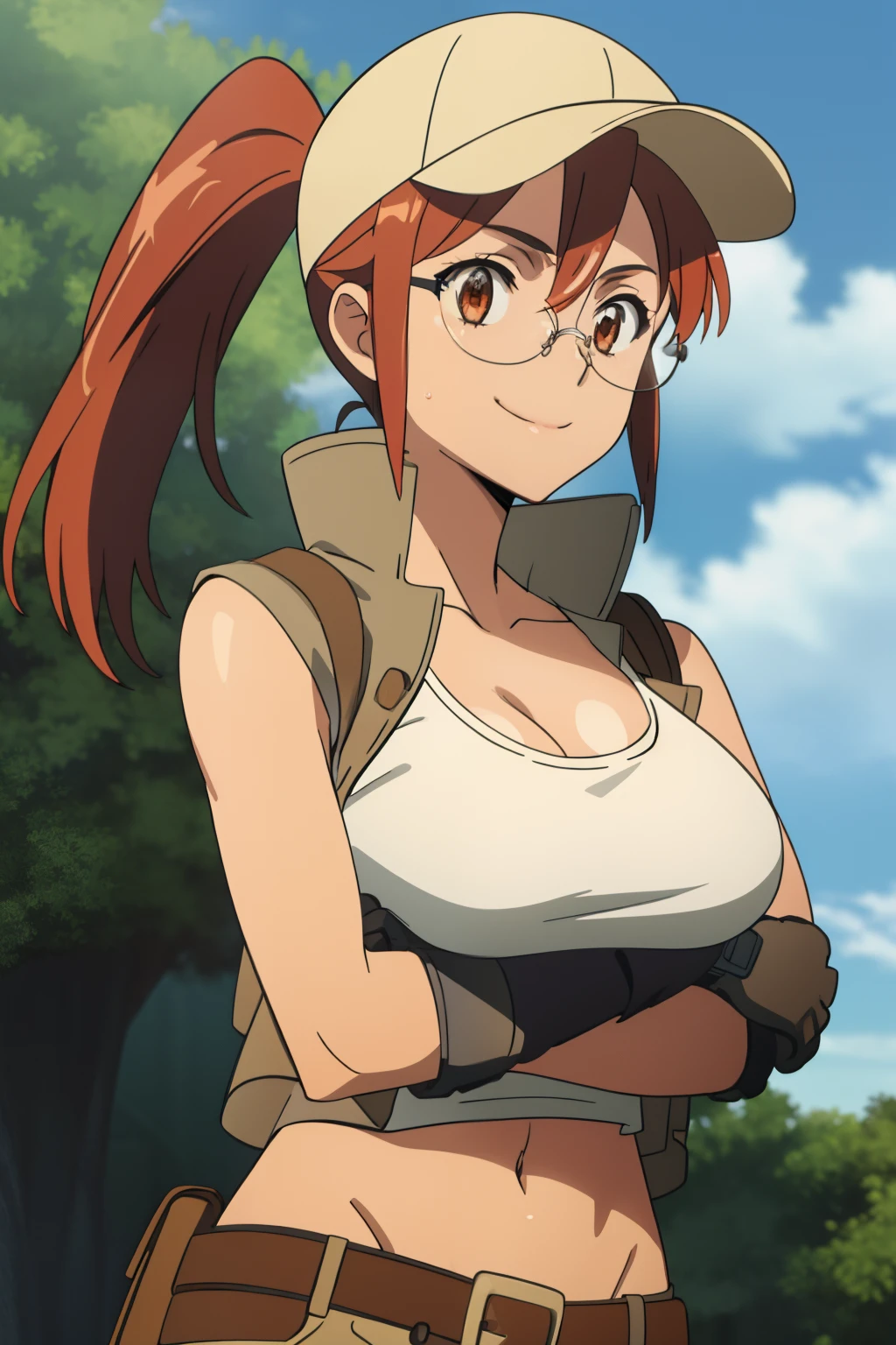 (masterpiece, best quality:1.2),illustration,8k,hd,1girl,solo,upper body,(portrait:1.2),large breasts,round eyewear,hat,crop top,midriff,gloves,navel,baseball cap,knee pads,short shorts,ponytail,boots,brown eyes,brown shorts,belt,smile, pack,brown headwear,red hair,hip vent,tank top,long hair,vest,huge breasts, upper body,outdoors, ((glasses 1.2))